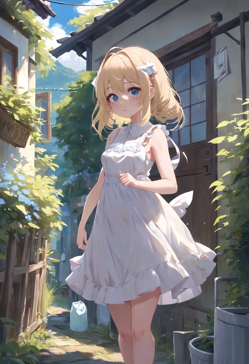 Cat-eared girl in white dress standing in garden, BREAK,a blond,blue eyes,(((Sleeveless))),Hang the laundry to dry,Holding a laundry basket with clothes,loli in dress, small curvy loli, artwork in the style of guweiz, guweiz on pixiv artstation, guweiz on artstation pixiv, guweiz, small li girl, soft anime illustration, Anime visuals of cute girls, Detailed Digital Anime Art