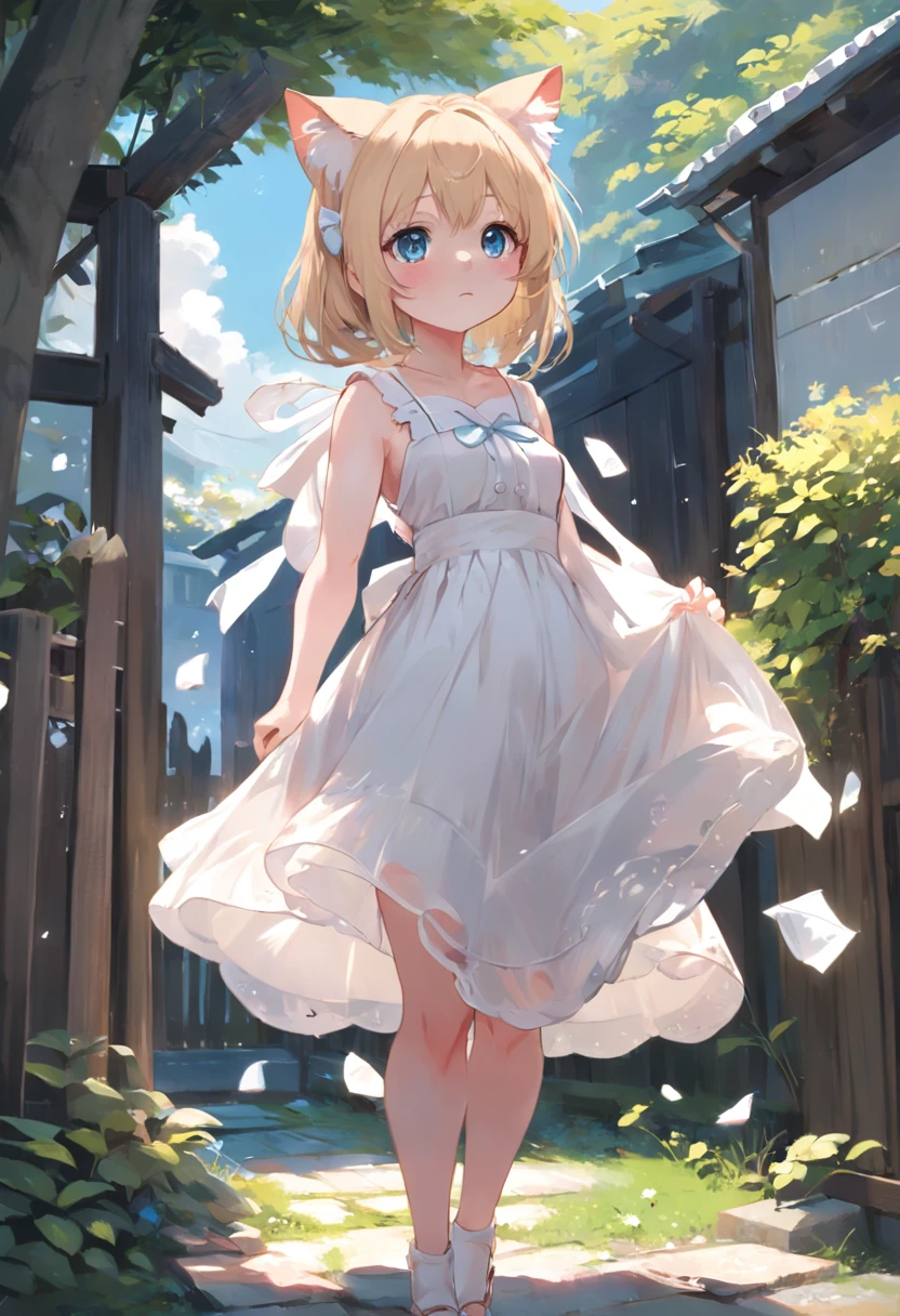 Cat-eared girl in white dress standing in garden, BREAK，a blond，blue eyes，(((Sleeveless)))，Hang the laundry to dry，Holding a laundry basket with clothes，loli in dress, small curvy loli, artwork in the style of guweiz, guweiz on pixiv artstation, guweiz on artstation pixiv, guweiz, small loli girl, soft anime illustration, Anime visuals of cute girls, Detailed Digital Anime Art