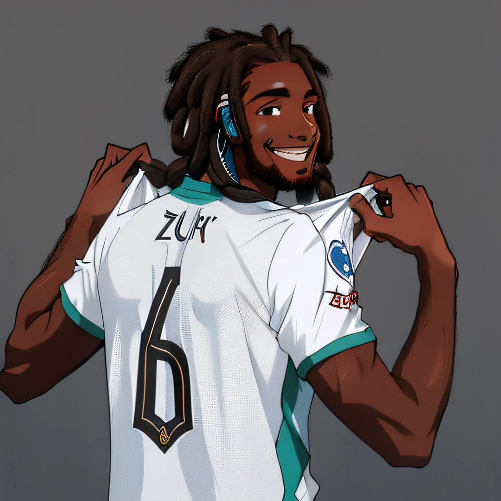 arafed soccer player with dreadlocks holding a jersey, inspired by Mihály Zichy, zumi, zenra taliyah, a black man with long curly hair, rosen zulu, looking happy, zochi, zido, back view. nuri iyem, isaac zuren, recognizable
