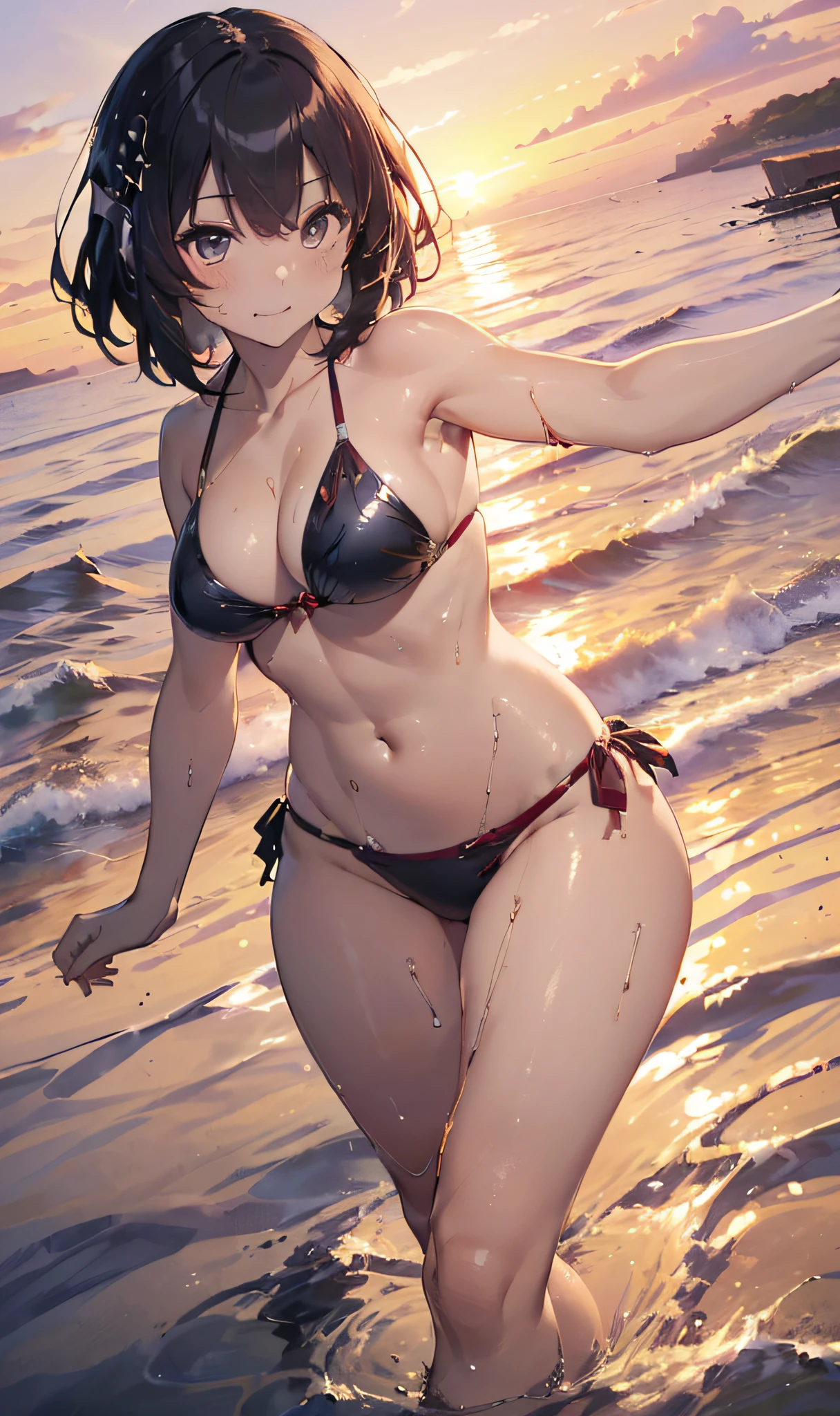 (Master masterpiece、The ultra -The high-definition、extremely fine and beautiful、Ultra-high power of 8 kilometers:2)、(Girl getting wet:1.4)、(looking at another:2)、(Clarity Metallic Deep Red Bikini:2)、(Transparent skin:1.6)、(short tail hair:1.8)、(Beautiful eyes:1.8)、、(Nominal body type)、(Glamorous:1.4)、(musculature:1.4)、(Thin thighs:1.6)、(Thin leg:1.6)、(A smile)、perfectly proportions,Correct anatomy、Good anatomy、(Sunset:1.6)、(Dynamic Angle:1.6)、(sexypose:1.8)、(early evening:1.4)、(Evening sea:1.6)