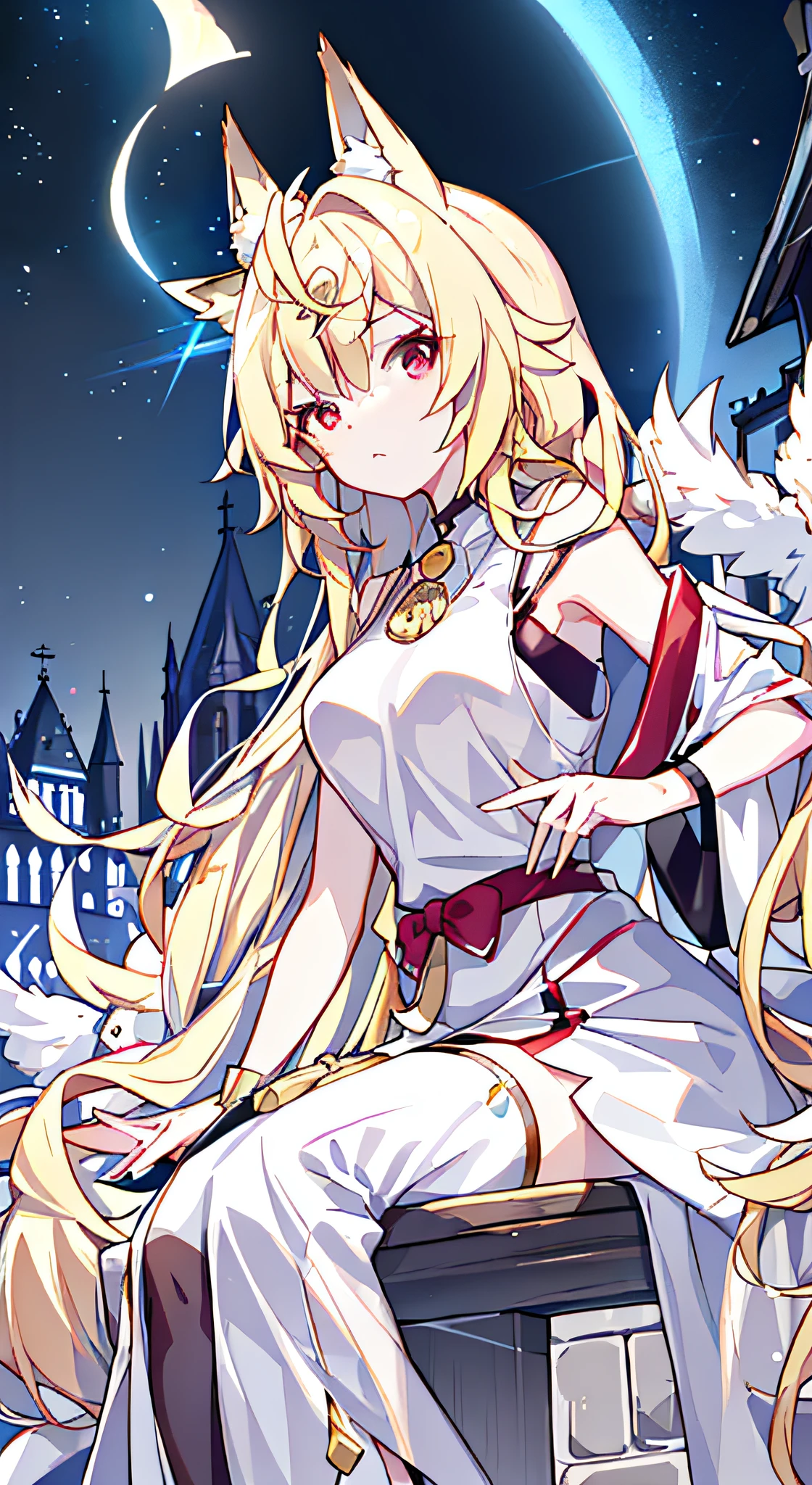 ((tmasterpiece,best qualtiy,4K,gelbooru,Pisif,best qualtiy,Hyper-detailing)),warmly lit,1 woman,Young adults,Beautiful young woman,((Princess braids,Hairy bangs,long whitr hair,coiffed blonde hair)),((fox ear)),((red color eyes,sharp sharp eyes)),small boobs,starrysky,scowling,detailed city background,((Sexy white wedding dress)),((adorable and fluffy, very fluffy,Tucked into a black sleeveless sweater)),((Sit at the top of the church tower,night city on the background,bird's eyes view)),Very modern futuristic environment