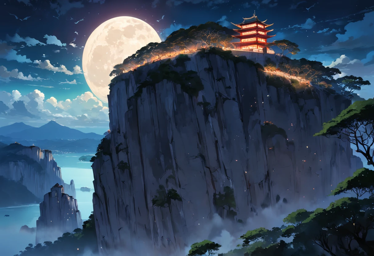 Circles of vultures flying on the edge of the cliff, luzes noturnas, Vista Chinesa, ao fundo Rio de Janeiro, Cristo Redentor, corcovado, noite escura, com muitas sombras, stars and full moon in the sky and many trees coming down the cliff