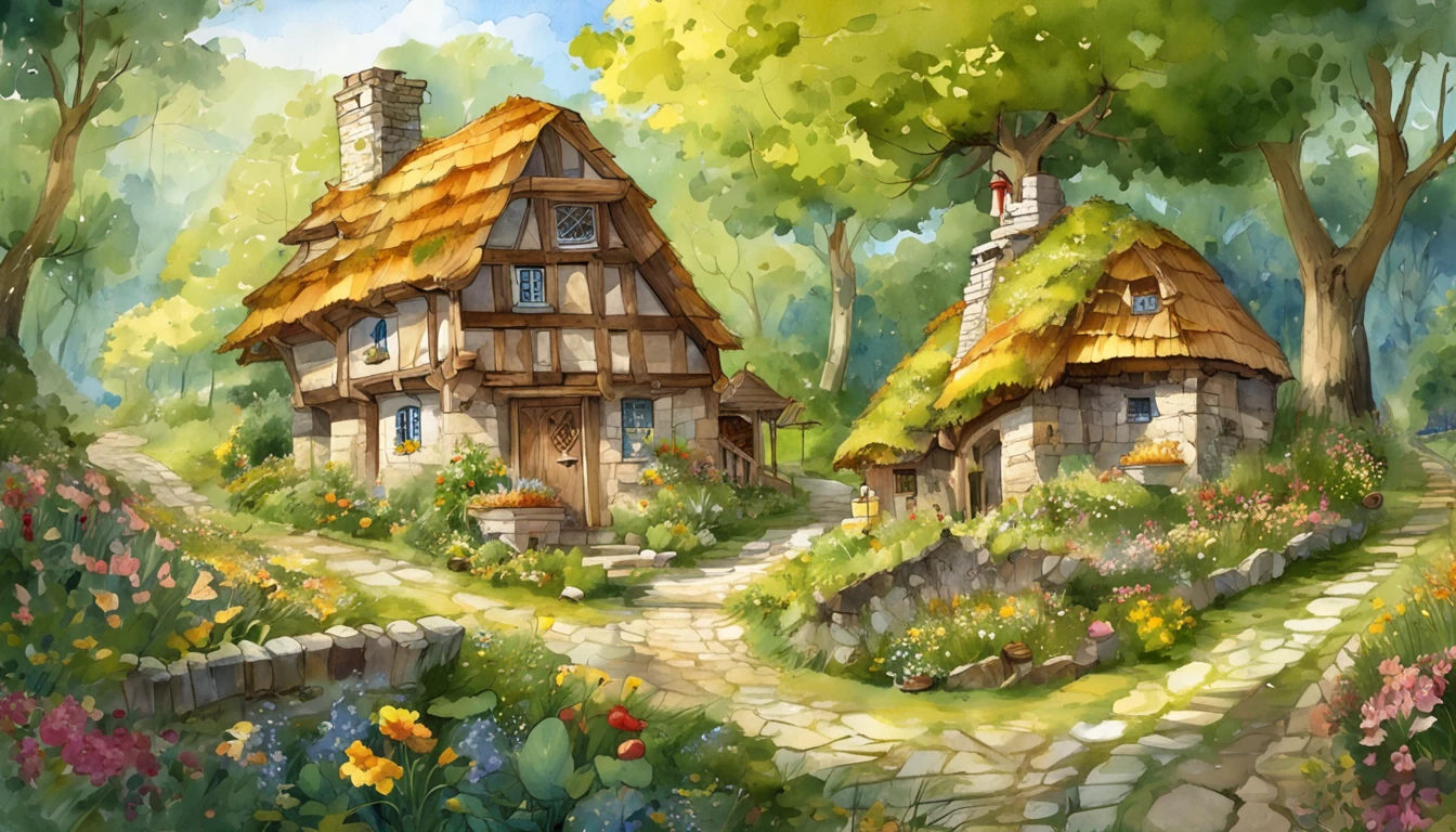 Detailed and Intricicated, bioluminicense, A dwarf village deep in the forest, Picture book illustrations, Italy, In the sun filtering through the trees of the forest、There are a lot of small houses。Roof made of leaves。stone pavement。Lots of flowers are blooming。Fantasia。Light yellow tones，super-fine，Carefully drawn，high quarity，8K，