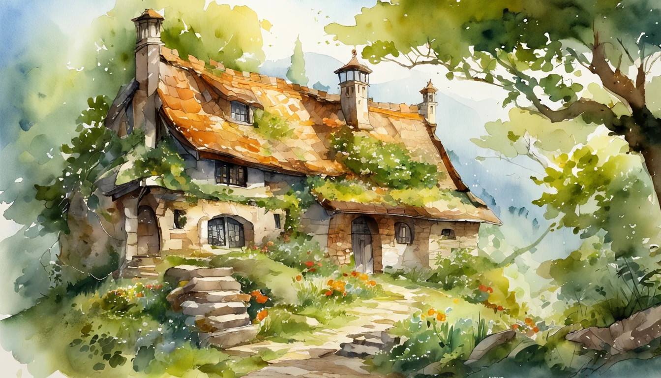 Detailed and Intricicated, bioluminicense, A dwarf village deep in the forest, Picture book illustrations, Italy, In the sun filtering through the trees of the forest、There are a lot of small houses。Roof made of leaves。stone pavement。Lots of flowers are blooming。Fantasia。Light yellow tones,super-fine,Carefully drawn,high quarity,8K,
