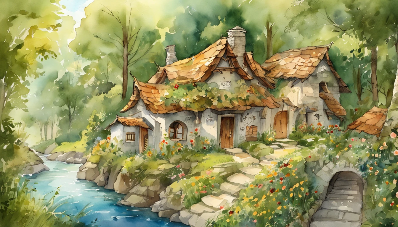Detailed and Intricicated, bioluminicense, A dwarf village deep in the forest, Picture book illustrations, Italy, In the sun filtering through the trees of the forest、There are a lot of small houses。Roof made of leaves。stone pavement。Lots of flowers are blooming。Fantasia。Light yellow tones，super-fine，Carefully drawn，high quarity，8K，