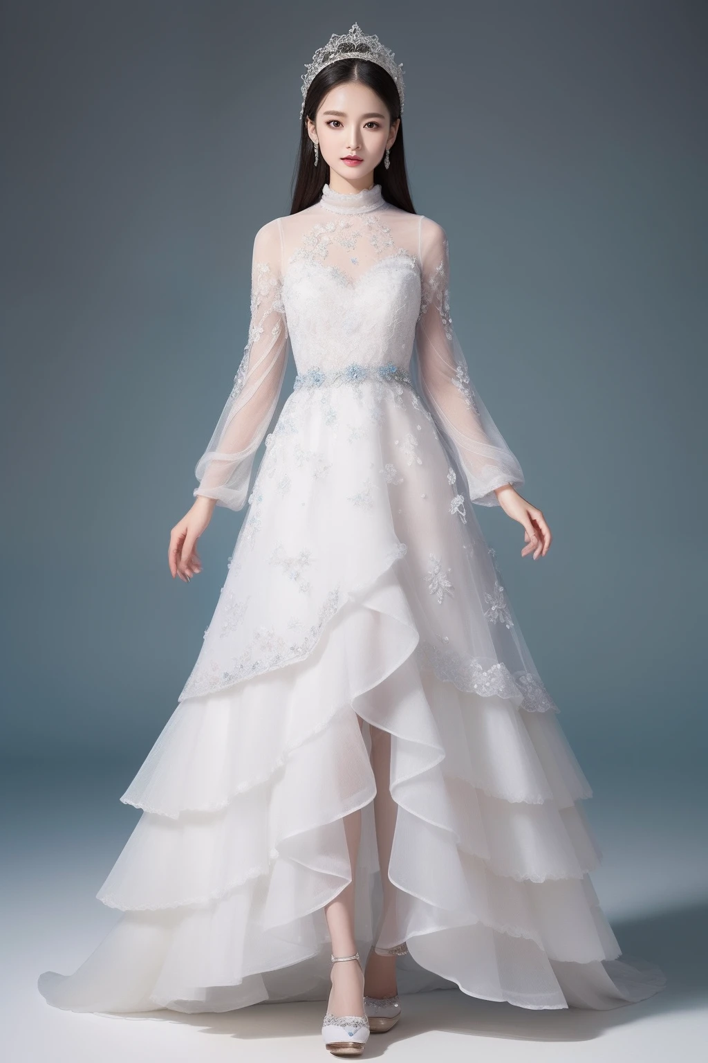 (8k,Very detailed face 1.2,Very detailed clothing details 1.9,intricately details,动态照明,poster for,Photography-grade art,(full bodyesbian),Details clothes)
The goddess elegantly dresses in a grand and cumbersome dress,It makes her figure stand out。The dress is dominated by soft white silk,As pure and white as ice and snow,The skirt is long to the ground,A blend of intricate and delicate patterns and delicate embroidery,It seems to be a carefully painted landscape painting。
(The dress clings to the petite figure of the goddess,The high neck design highlights her nobility。The top part is decorated with jewelry and brilliant crystal ornaments,Each piece of jewelry is carefully set in a meticulous embroidery pattern。From the high neck to the waist,Rows of diamonds surround her body,Shimmering with a charming light。The skirt is fluffy and layered,Composed of countless layers of lace and fine pleats,Exudes a light scent。Each layer of lace is woven with meticulous craftsmanship,The fine patterns and edges of the lace are full of intricate details。The hem is also embellished with ice-blue crystals,It was like a flower of ice and snow swaying gently as she walked。)
Soft hair drapes over your shoulders,Embellished with pearl hair accessories,Elegant and charming。Her makeup is delicate and delicate,No trace。The soft foundation makes her skin fair and delicate,A touch of pink lipstick adorns her lips,It adds a touch of delicateness。Her eyes outline the perfect eye shape with fine eyeliner,The eyeshadow has a gradient of light blue and silvery-white,It was as clear and bright as ice crystals。
Feet on sequined heels,Walk gracefully and calmly on ice。Every step exudes confidence and charm,Her posture is as noble and elegant as that of the Ice Queen。The entire styling details show the elegance and magnificence of the goddess,It's captivating。