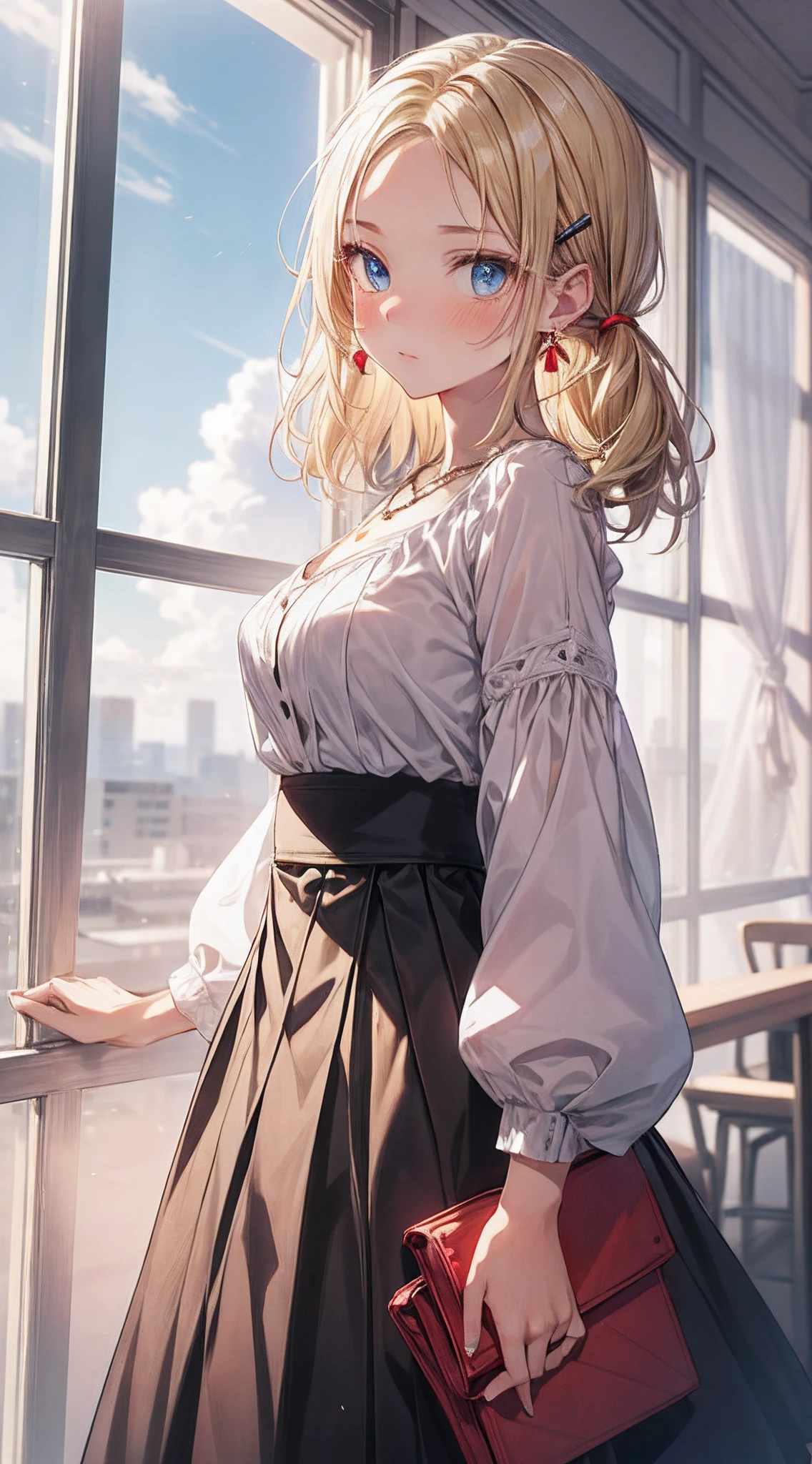 absurderes, ultra-detailliert,bright colour, extremely beautiful detailed anime face and eyes, view straight on, ;tits out, shiny_skin,25 years old, Short hair, (Forehead:1.3), Blonde hair with short twin tails, Shiny hair, Delicate beautiful face, red blush、(Blue eyes:1.1), White skin, hair clips, earrings, a necklace, (Red Nits:1.2), Beautiful cloud, Dusk sky,(black long skirt:1.3),Full body