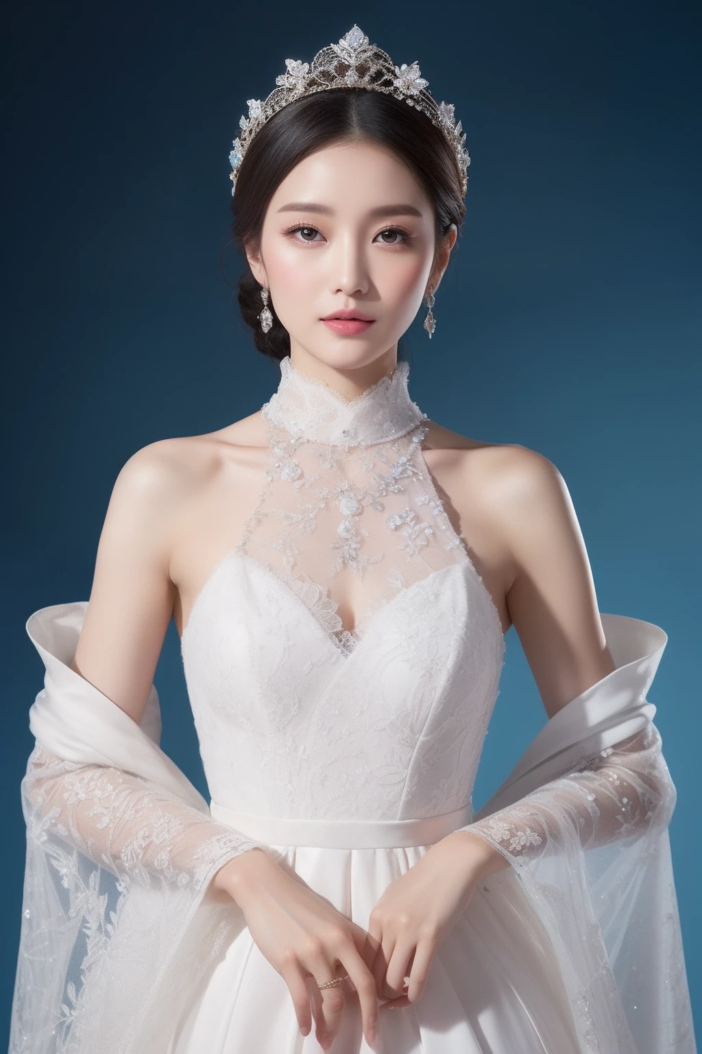 (8k，Very detailed face 1.2，Very detailed clothing details 1.9，intricately details，动态照明，poster for，Photography-grade art，(full bodyesbian)，Details clothes)
The goddess elegantly dresses in a grand and cumbersome dress，It makes her figure stand out。The dress is dominated by soft white silk，As pure and white as ice and snow，The skirt is long to the ground，A blend of intricate and delicate patterns and delicate embroidery，It seems to be a carefully painted landscape painting。
(The dress clings to the petite figure of the goddess，The high neck design highlights her nobility。The top part is decorated with jewelry and brilliant crystal ornaments，Each piece of jewelry is carefully set in a meticulous embroidery pattern。From the high neck to the waist，Rows of diamonds surround her body，Shimmering with a charming light。The skirt is fluffy and layered，Composed of countless layers of lace and fine pleats，Exudes a light scent。Each layer of lace is woven with meticulous craftsmanship，The fine patterns and edges of the lace are full of intricate details。The hem is also embellished with ice-blue crystals，It was like a flower of ice and snow swaying gently as she walked。)
Soft hair drapes over your shoulders，Embellished with pearl hair accessories，Elegant and charming。Her makeup is delicate and delicate，No trace。The soft foundation makes her skin fair and delicate，A touch of pink lipstick adorns her lips，It adds a touch of delicateness。Her eyes outline the perfect eye shape with fine eyeliner，The eyeshadow has a gradient of light blue and silvery-white，It was as clear and bright as ice crystals。
Feet on sequined heels，Walk gracefully and calmly on ice。Every step exudes confidence and charm，Her posture is as noble and elegant as that of the Ice Queen。The entire styling details show the elegance and magnificence of the goddess，It's captivating。