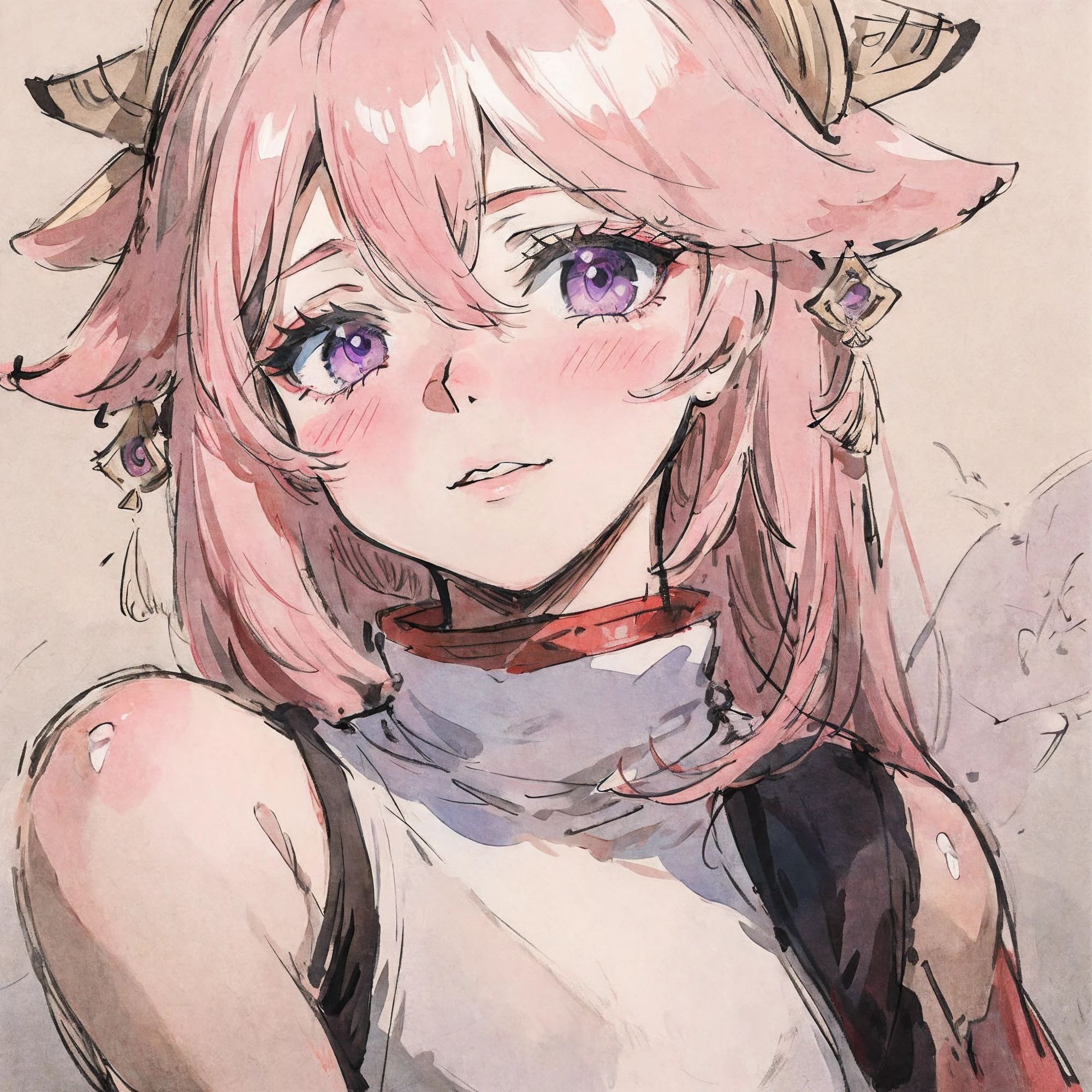 (tmasterpiece,best qualtiy:1.2),Tradition Chinese Ink Painting,Pink hair,Purple eye,yae miko,exquisite facial features,high quality,8k wallpaper,beautiful girl,more details on eyes,baby face