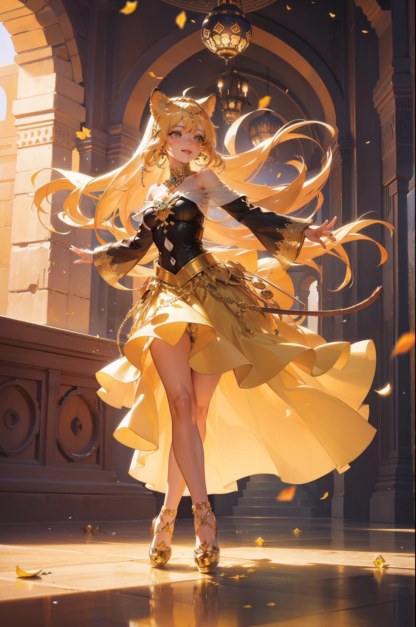 A shy girl, long yellow hair, blue colored eyes, fenix bird clothes in gold color, high heels.