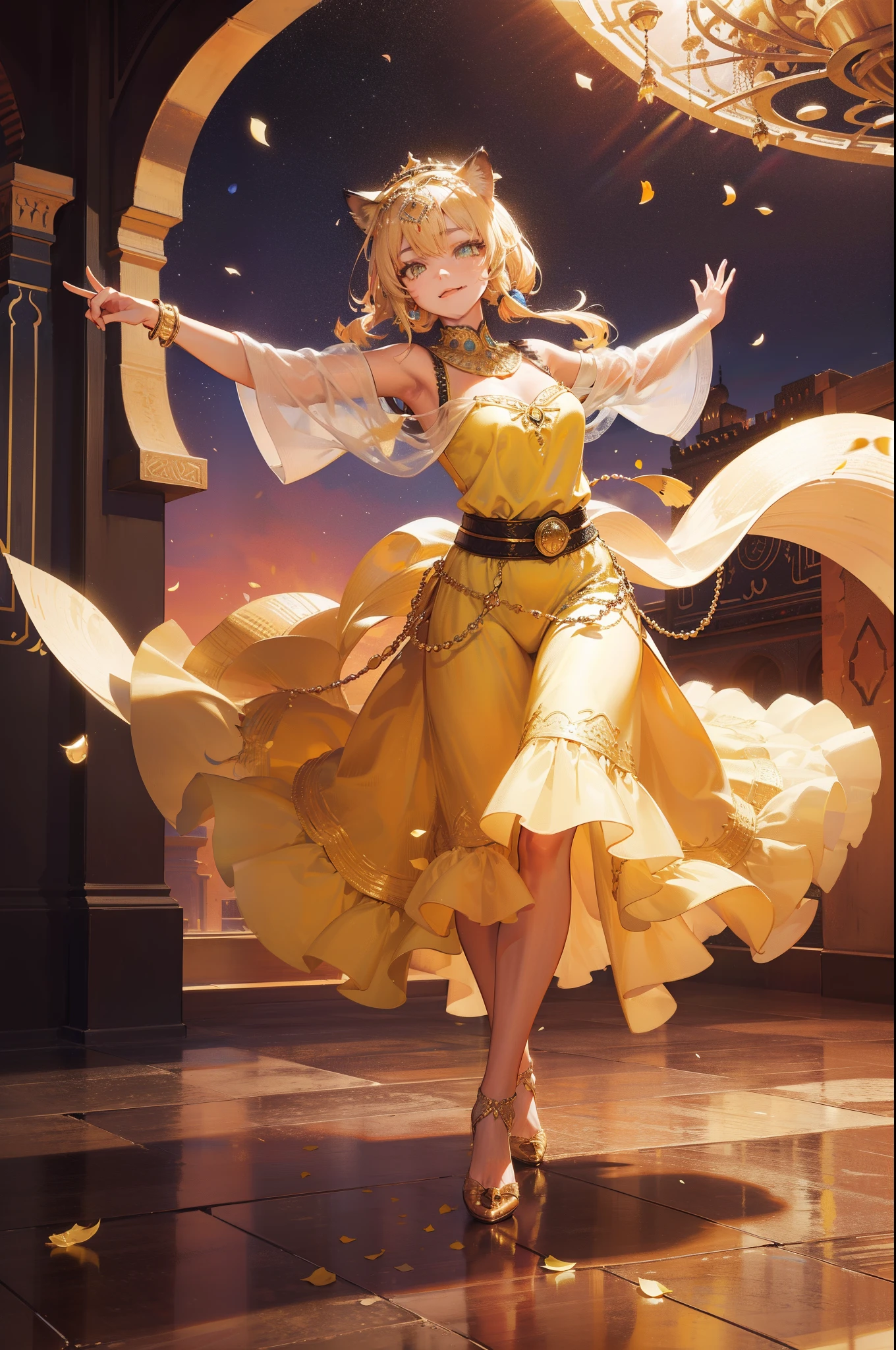 (Masterpiece), (best quality), hight resolution, ultra-detailed, (hyper detailed background, Detailed background), highly detailed, photorealistic, 1 beautiful and gorgeous girl, (cat ears), off-shoulder, North African Islam, Alhambra palace, (Islamic Africa:1.2), Colorful, in desert, Long Long Platina Bond Shining Hair, Big yellow crystal eyes, smile, ((dancing Arabian dance)), light, broken glass, a girl with a pet lion, (shining brightly), ((dazzling)), (floating a lot of flower petals, ((3D)),