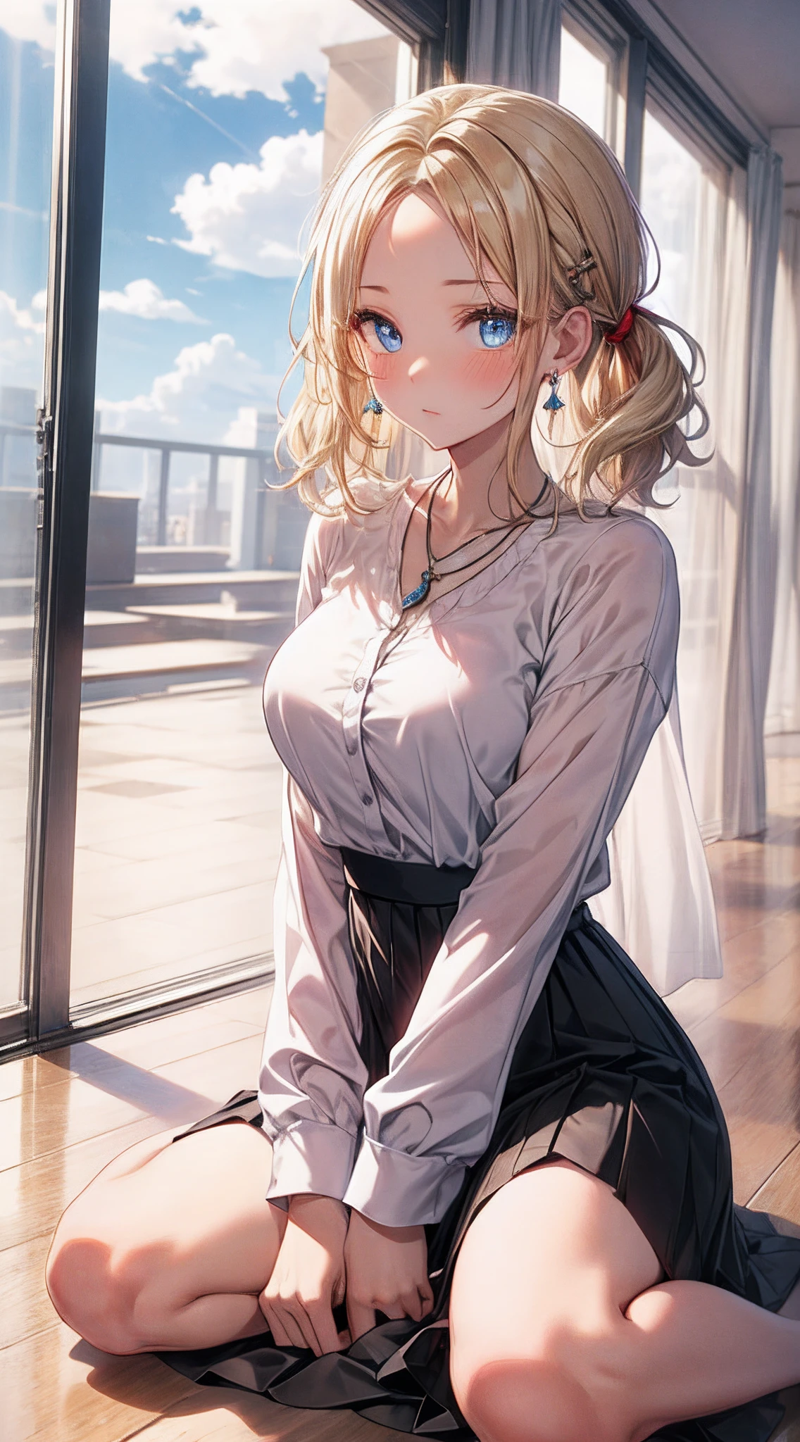 absurderes, ultra-detailliert,bright colour, extremely beautiful detailed anime face and eyes, view straight on, ;tits out, shiny_skin,25 years old, Short hair, (Forehead:1.3), Blonde hair with short twin tails, Shiny hair, Delicate beautiful face, red blush、(Blue eyes:1.1), White skin, hair clips, earrings, a necklace, (Red Nits:1.2), Beautiful cloud, Dusk sky,(black long skirt:1.3),Full body