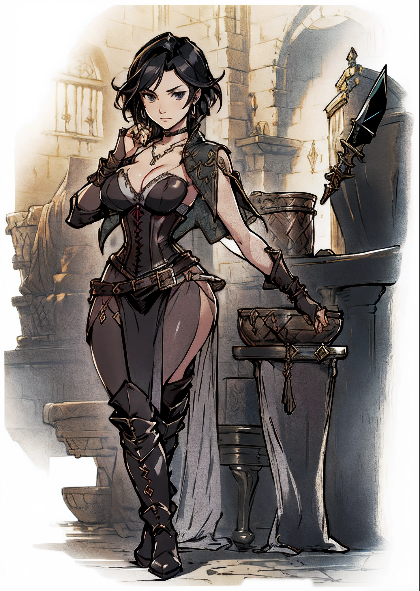 Game Art design, Octopath Traveler 2, 1girl, throne anguis, (solo:1.4), 1girl,  black hair, medium breasts, cleavage, collarbone, corset, dagger, high heel boots, holding dagger, jewelry, knee boots, necklace, poncho short hair, side slit, dynamic pose, extremely detailed face and eyes, absurdes