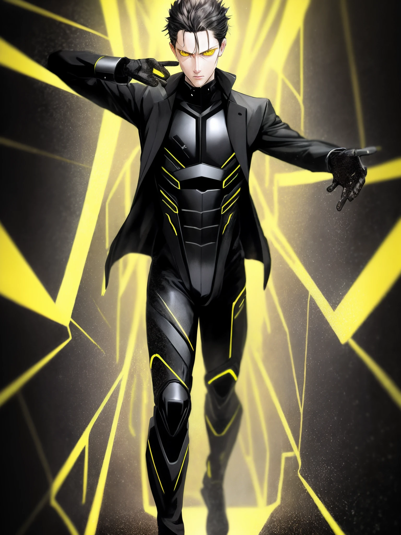 Black suit, nano technology, man, yellow eyes, matrix