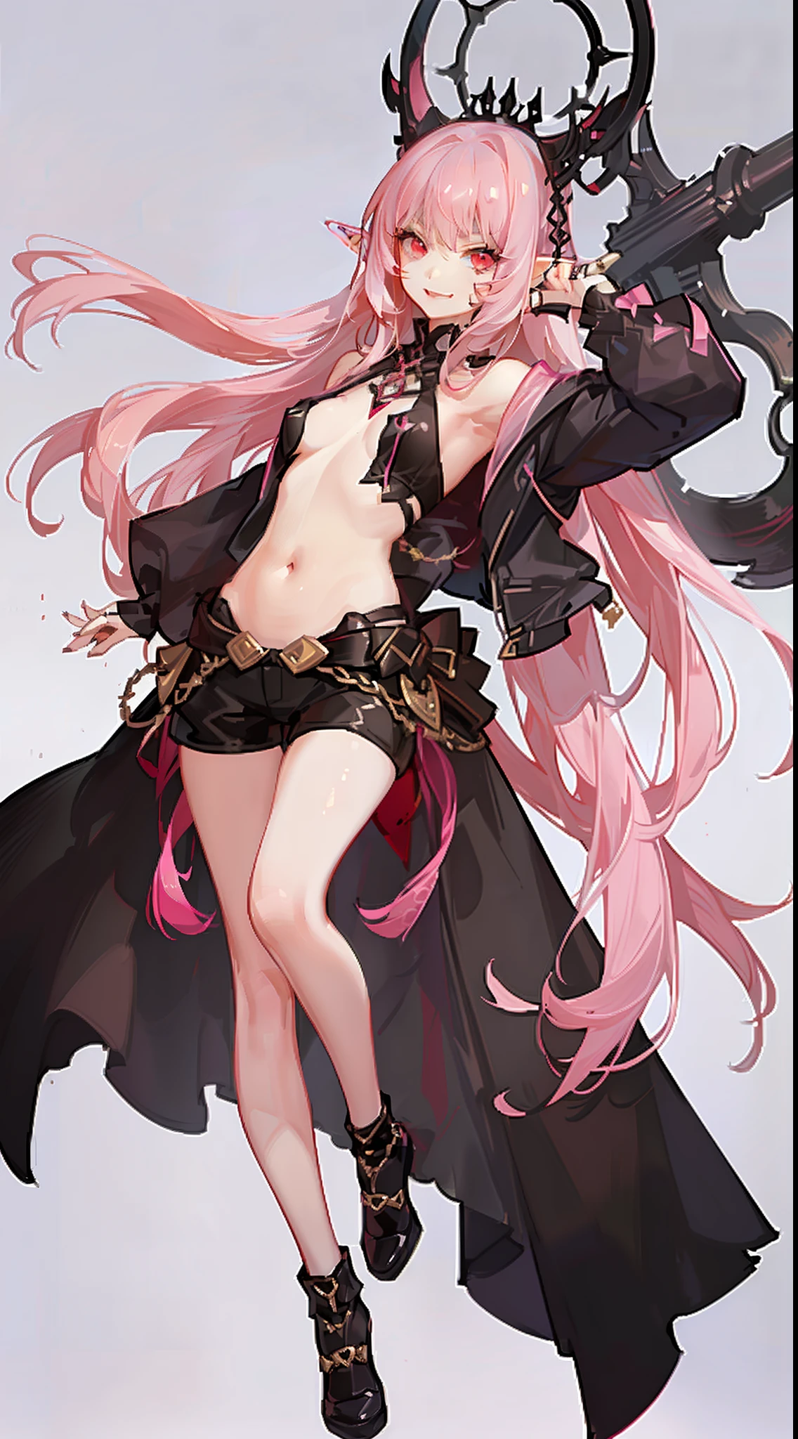 young girl, long pink hair, elf ears, red eyes, pink lipstick, crazy smile, small breasts, open shoulders, open belly, black mantle, long sleeves, claws, Shorts, Masterpiece, hiquality