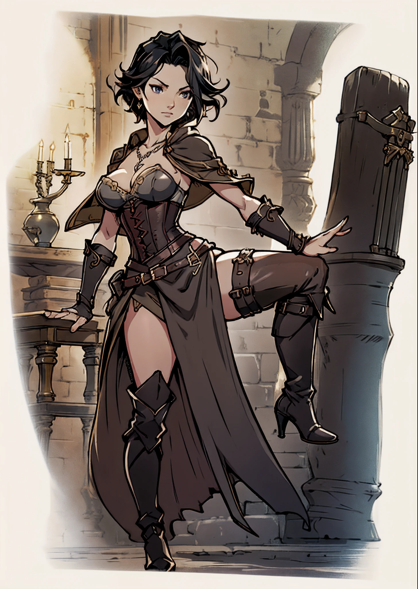 Game Art design, Octopath Traveler 2, 1girl, throne anguis, (solo:1.4), (portrait shoot:1.4), (focus on face:1.4), 1girl, black hair, medium breasts, cleavage, collarbone, corset, purple clothes, dagger, high heel boots, holding dagger, jewelry, knee boots, necklace, poncho short hair, side slit, dynamic pose, extremely detailed face and eyes, absurdes, beautiful shadow and lighting, ambient occlusion, shady back alley background