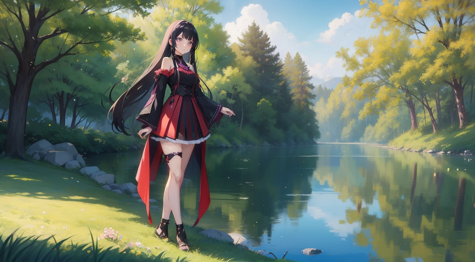 anime style photo of spring vasu, anime girl with long black hair and purple eyes
