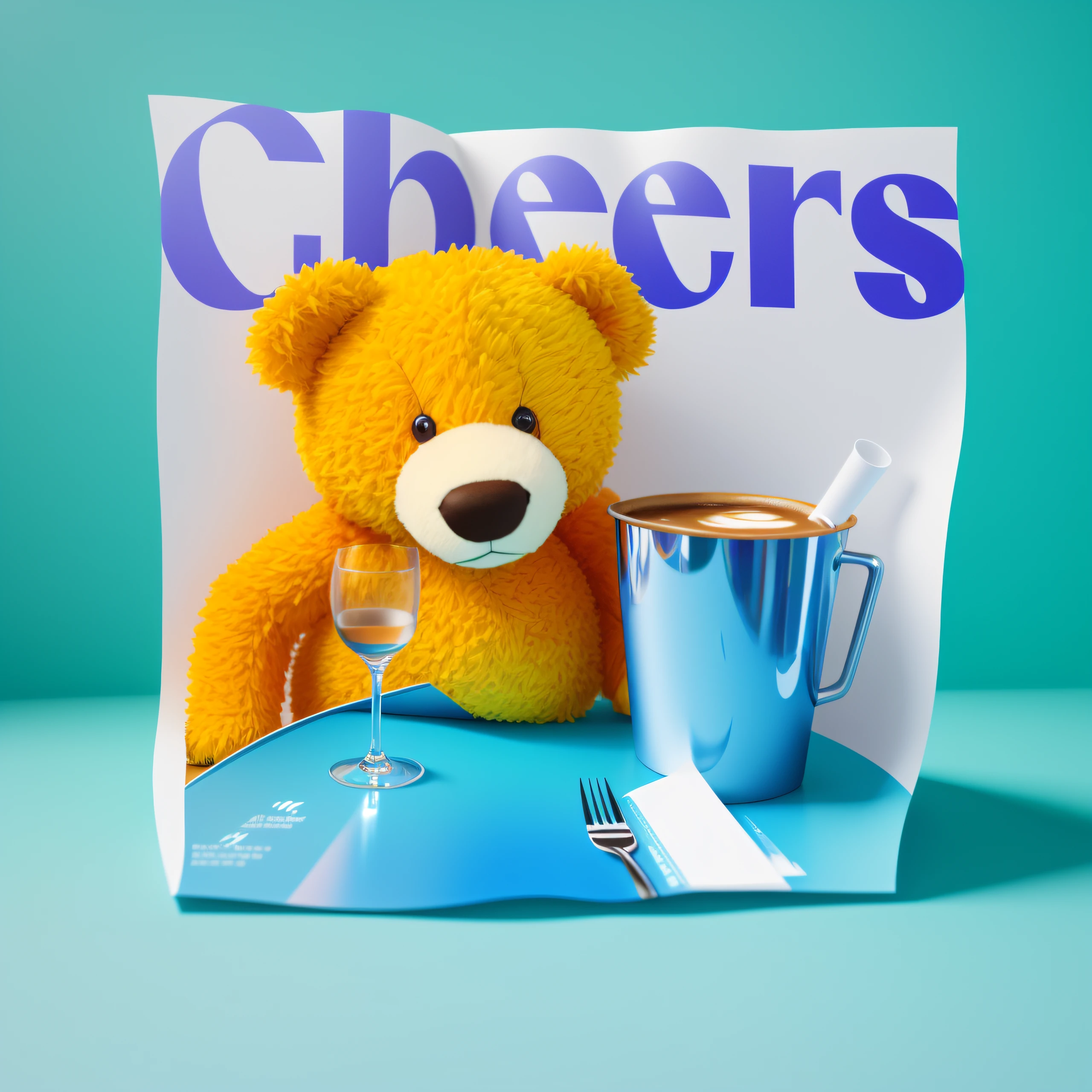 There's a teddy bear sitting next to a cup of coffee, inspirado em Jeff Koons, obrigada, inspirado em Chris LaBrooy, imagem fotorrealista da revista, Directed by: Jeff Koons, Directed by: Chris LaBrooy, promotional render, pbr render, photographic render, renderizado em cinema4d, renderizado em cinema 4 d, photoreal render, na capa de uma revista