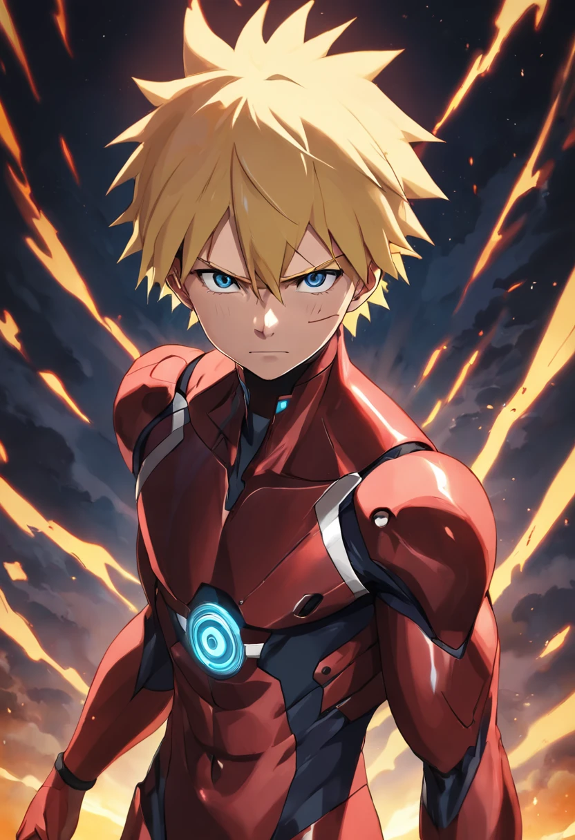 Realistic, 1boy, boy , naruto wearing Ironman suit, Naruto Uzumaki, three black streaks on the cheek, blonde hair, standing