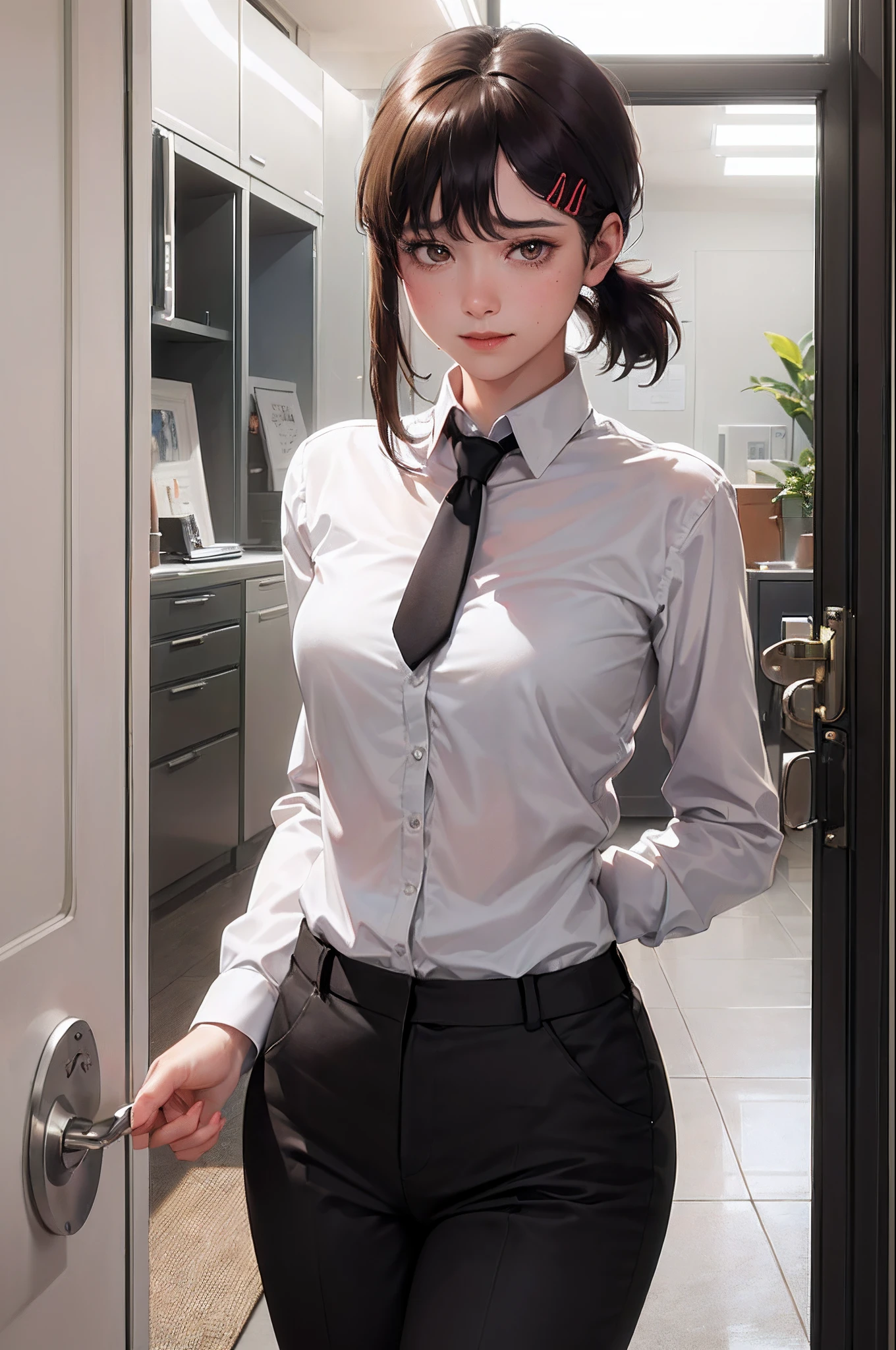 masterpiece, best quality, ultra-detailed, illustration, epic lighting, cinematic composition, isometric, 1girl, solo, cute, brown eyes, black hair, swept bangs, single sidelock, red hairclip, white collared shirt, black necktie, black pants, formal, enchanting gaze, captivating pose, indoors, office, door, opening door, looking at viewer, peeking out upper body, blush, seductive smile, closed mouth,(8k:1.1),