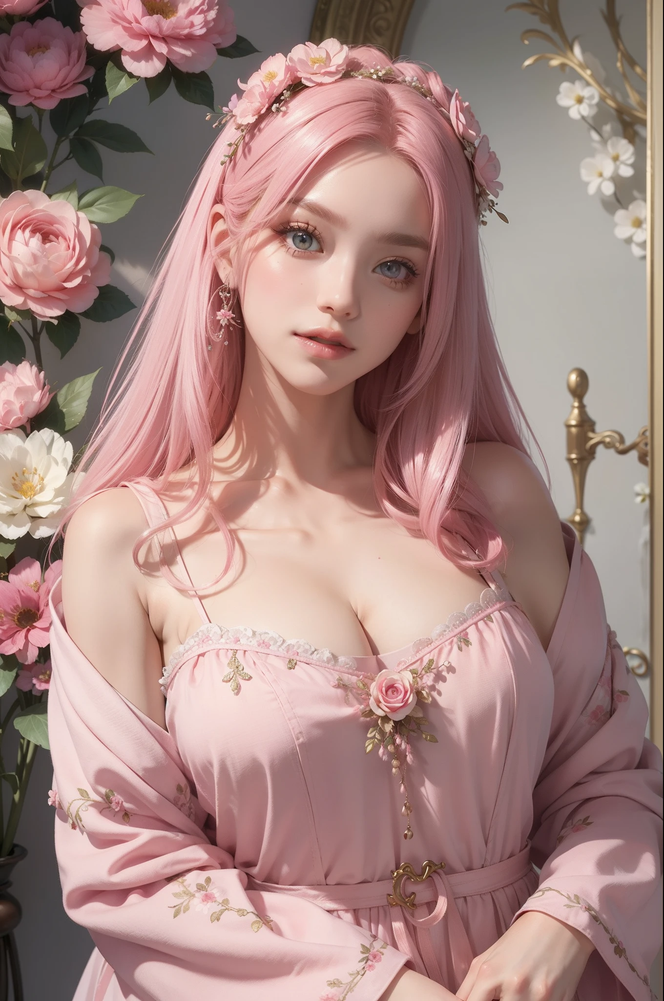 ​masterpiece、top-quality、Pink Fashion、Long pink hair、Beautuful Women、Beautiful eyes、Gentle smile、Floral hair ornament、Lots of flowers around