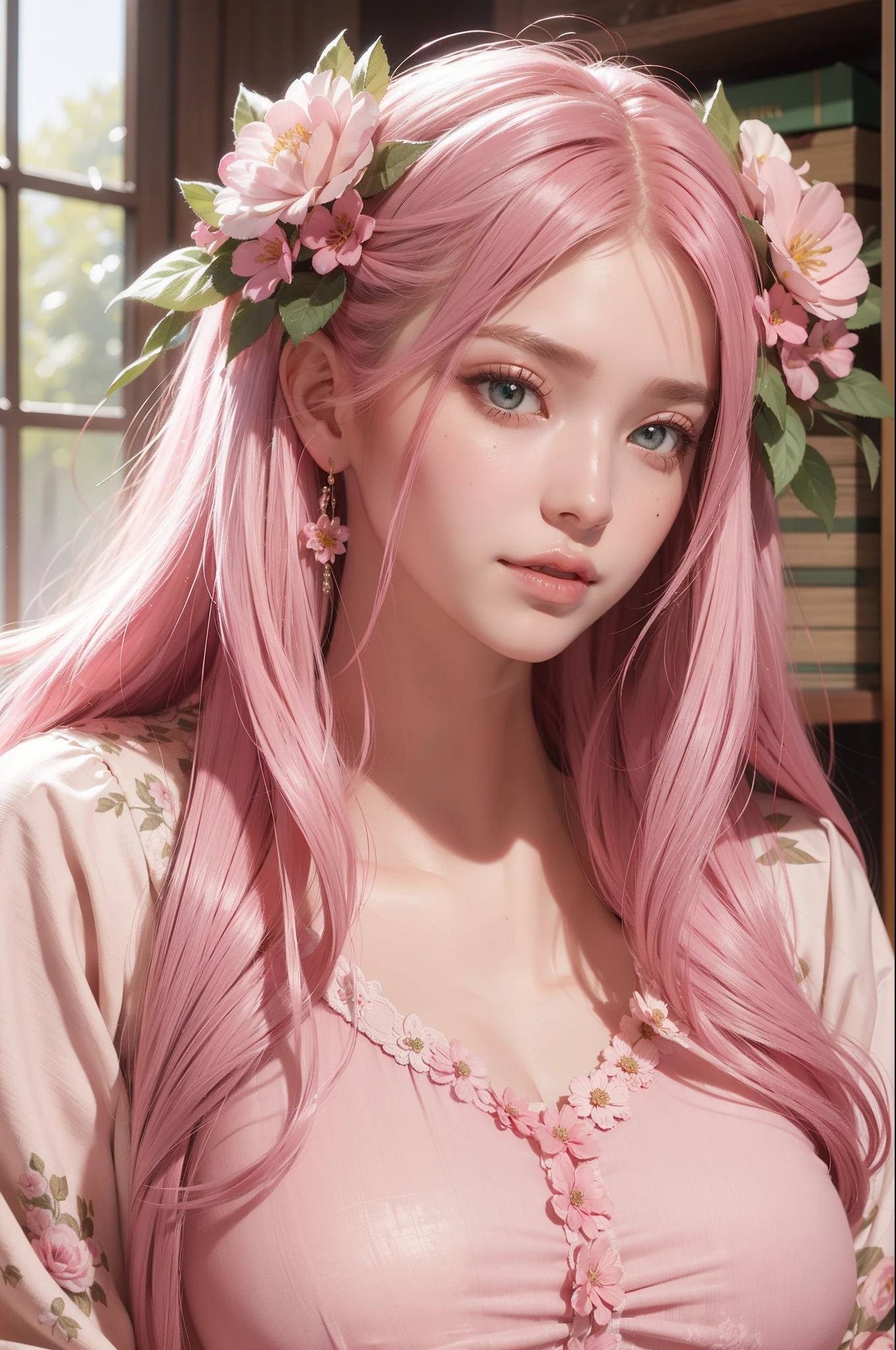 ​masterpiece、top-quality、Pink Fashion、Long pink hair、Beautuful Women、Beautiful eyes、Gentle smile、Floral hair ornament、Lots of flowers around