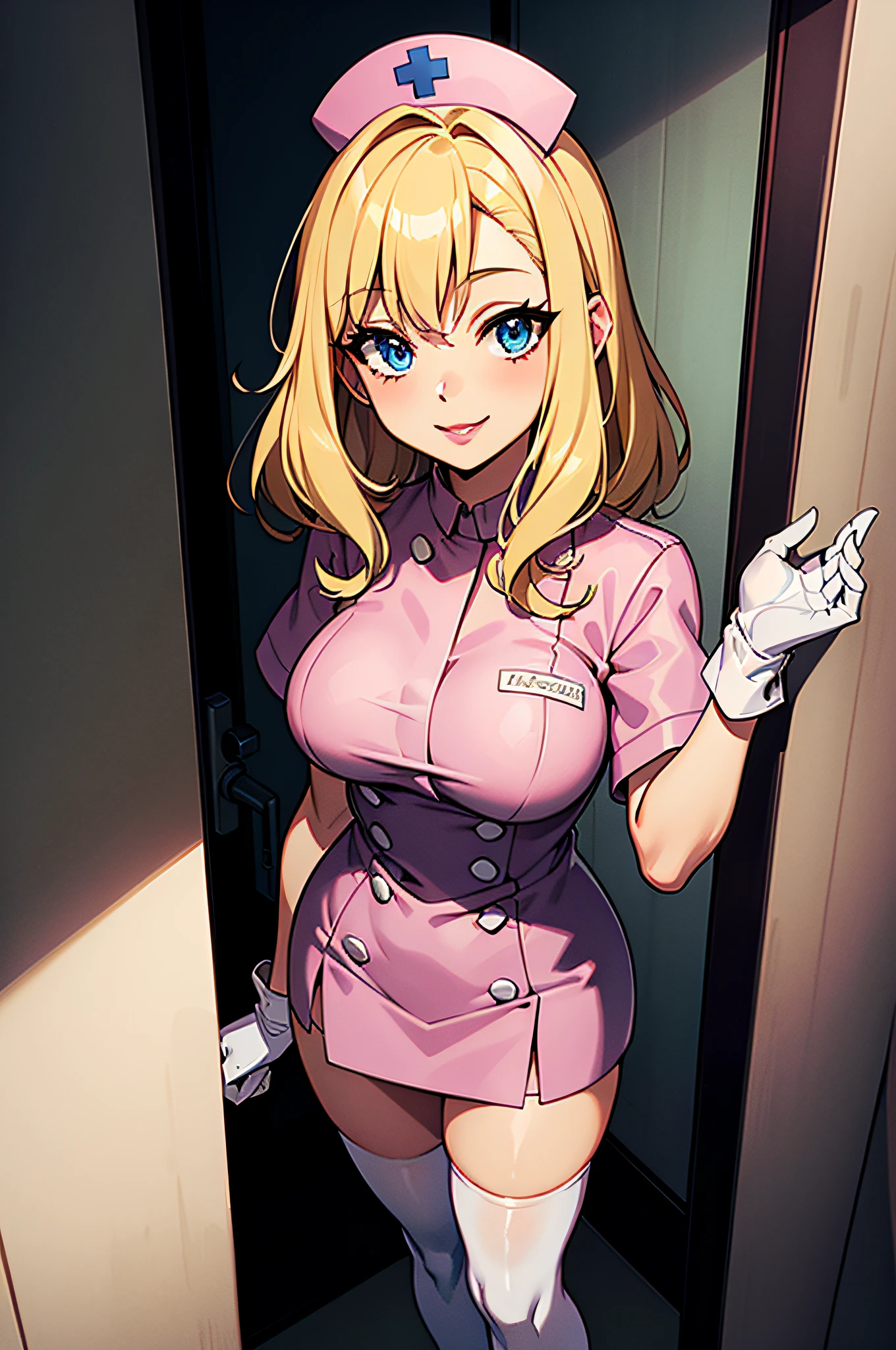 1girl in, Nurse, Nurse Cap, Whiteware, ((White legwear, zettai ryouiki)), White Gloves, Blonde hair, Blue eyes, pink lipsticks, Smile, Standing, ((Hospital room)), sharp outline, Short sleeves, Best Quality, masutepiece