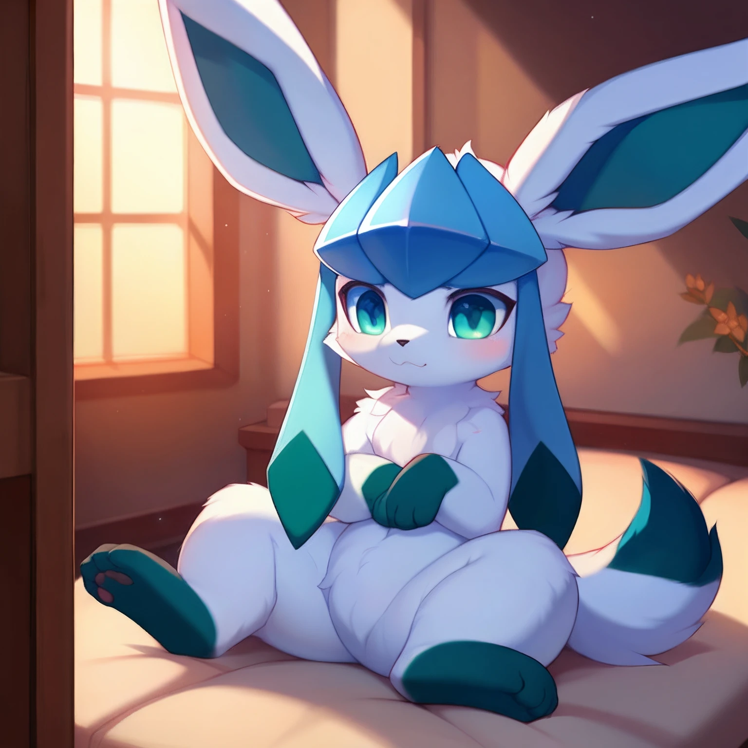 indoor, bedroom, on_bed,  ((((apron))))(chibi)
 ((Glaceon)), [[light blues_body, Sharp_tail，Light blue hair]],blue, (((quadruped, feral, canid, canine))), hind_limbs, (pink_pawpads:1.2), (animal_legs, animal_hand:1.2)
solo, looking_at_viewer
spread_legs, on_back
best_quality, hi_res, masterpiece, absurd_res
Highly_detailed, 4k, high_detail, detailed_background
uploaded_on_e621, (by_Hioshiru:1.2), (by_Ancesra:0.6), (by_Kekitopu:0.6), (by_kikunyi:0.6), (by_Syuro:1.2), (by_Doxy:0.6), (by_youjomodoki:0.6), by_dacad, (by_reysi:1.2), by_zinfyu, by_pata, by_chunie, by_dr.bubblebum