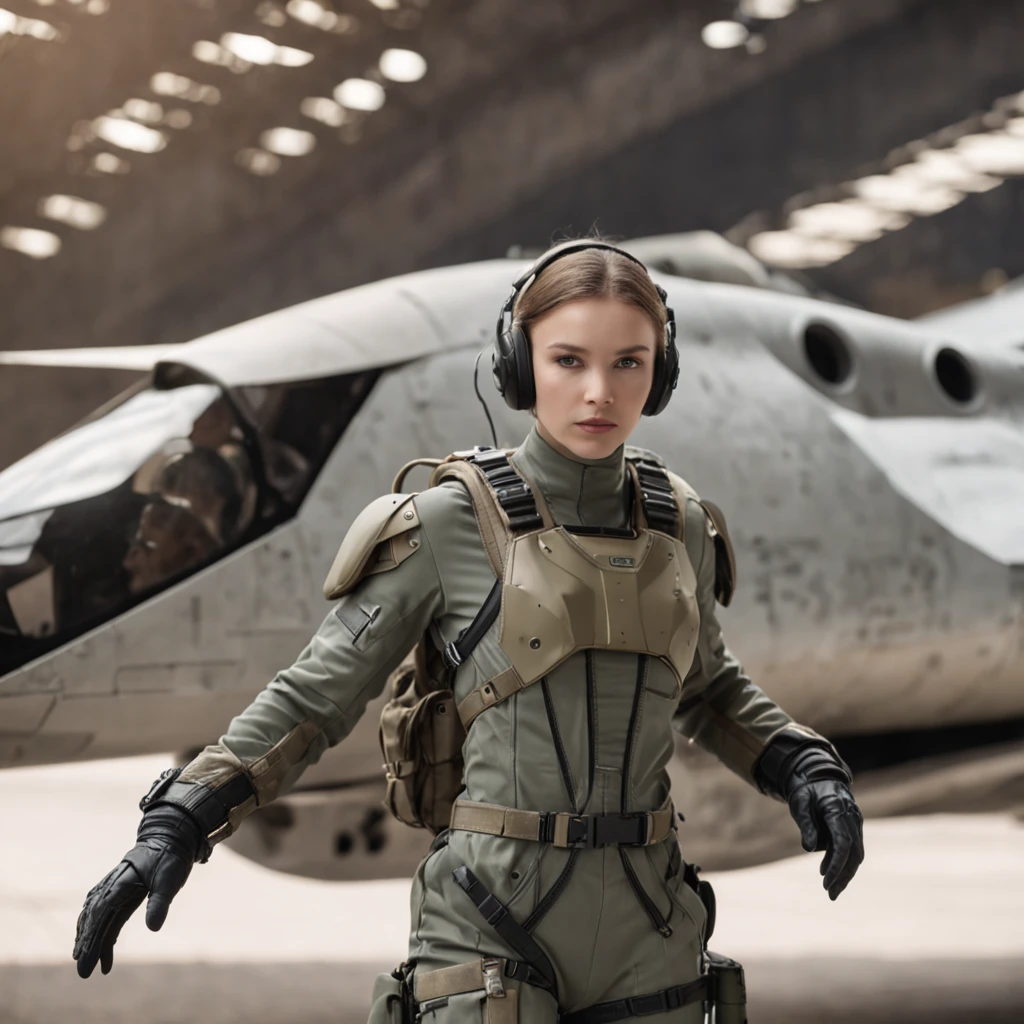 military commando pilot, in futuristic camouflage uniform, next to futuristic aircraft in secret hangar, golden hour