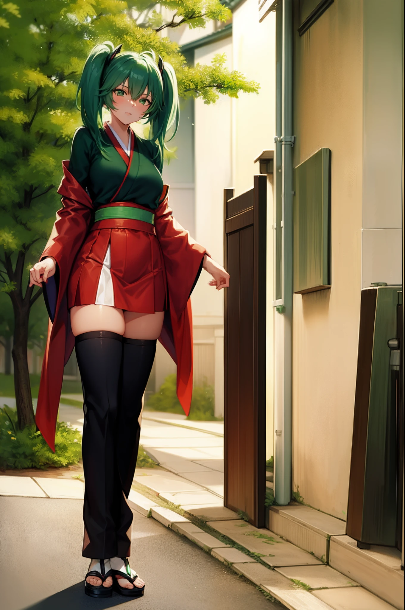 RYOFU HOUSEN IKKI TOUSEN GREEN HAIR TWINTAILS GREEN EYES, pants, pullover, , standing, monk, kimono