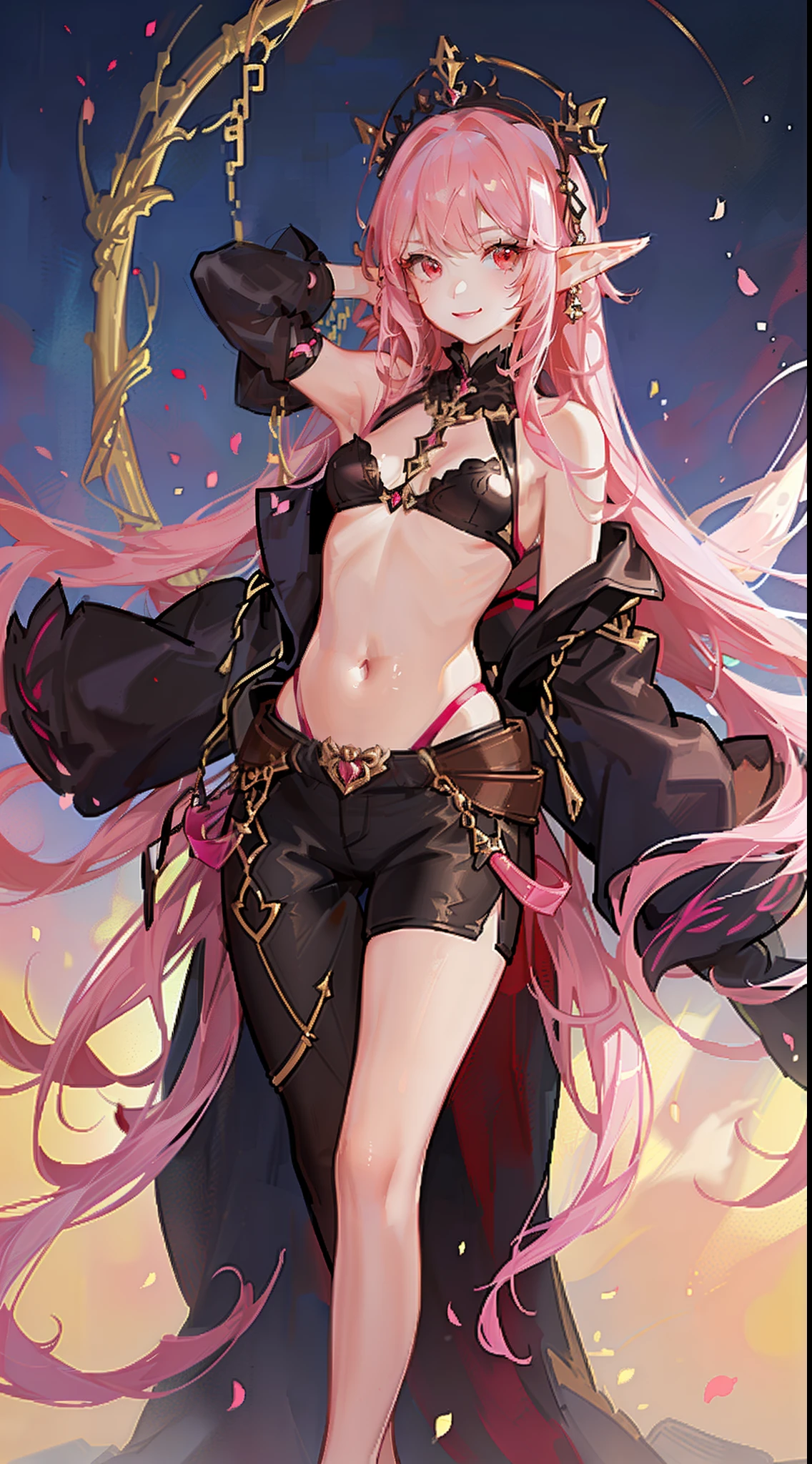 young girl, long pink hair, elf ears, red eyes, pink lipstick, crazy smile, small breasts, open shoulders, open belly, black mantle, long sleeves, claws, Shorts, Masterpiece, hiquality
