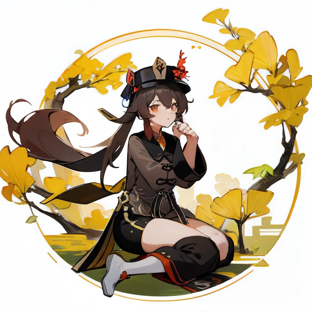 yellow Chinese ginkgo biloba leaves pattern white background, Hu tao from genshin impact, casual outfit, hands on the back, facing sideway, sitting, circle in the middle, long hair