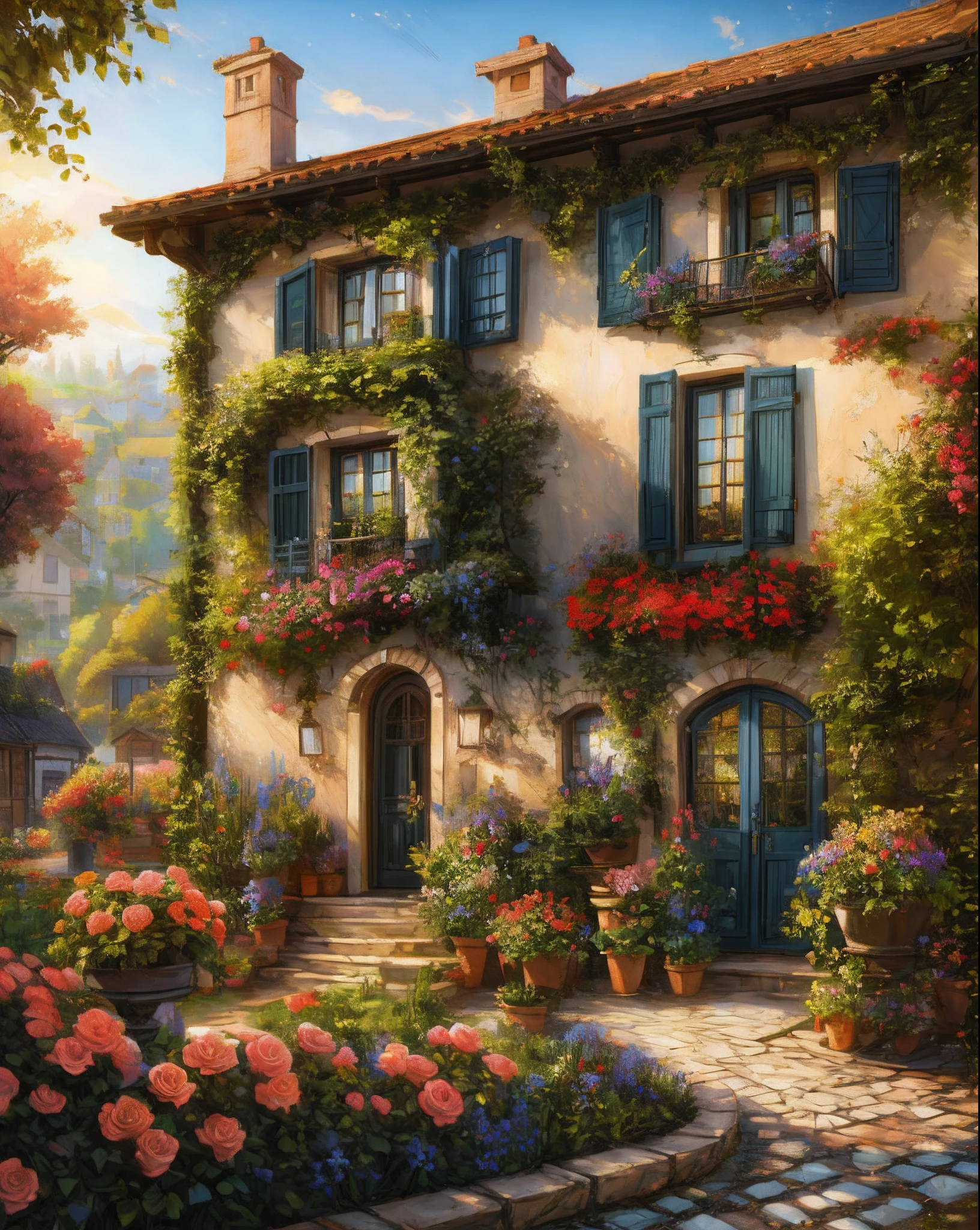 painting of a house with a garden and flowers in front of it, inspired by Evgeny Lushpin, beatiful house, detailed painting 4 k, inspired by Guido Borelli da Caluso, beautiful art uhd 4 k, by Evgeny Lushpin, french village exterior, beautiful digital artwork, ornately detailed, by Arthur Pan, rich picturesque colors