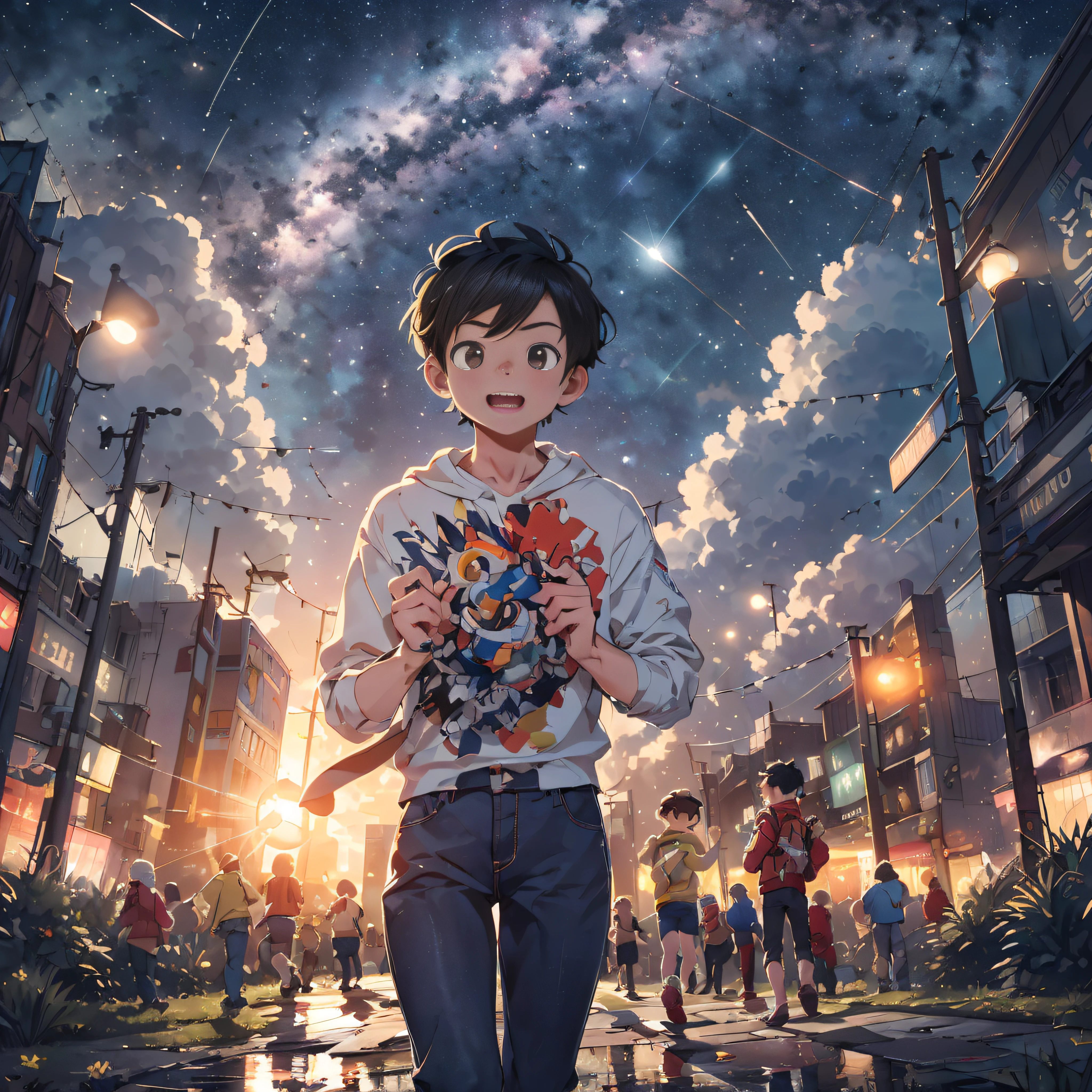 ((Best Quality, 8K, Masterpiece: 1.5)), landscape, wide, morning shoot, star trail, slow speed, standing young man with black hair, black jeans, look at the stars, amazing scenery, hundreds of stars forming a circle, light waves, in the center of cyborg city, magic in hands, reflection, eye catching.