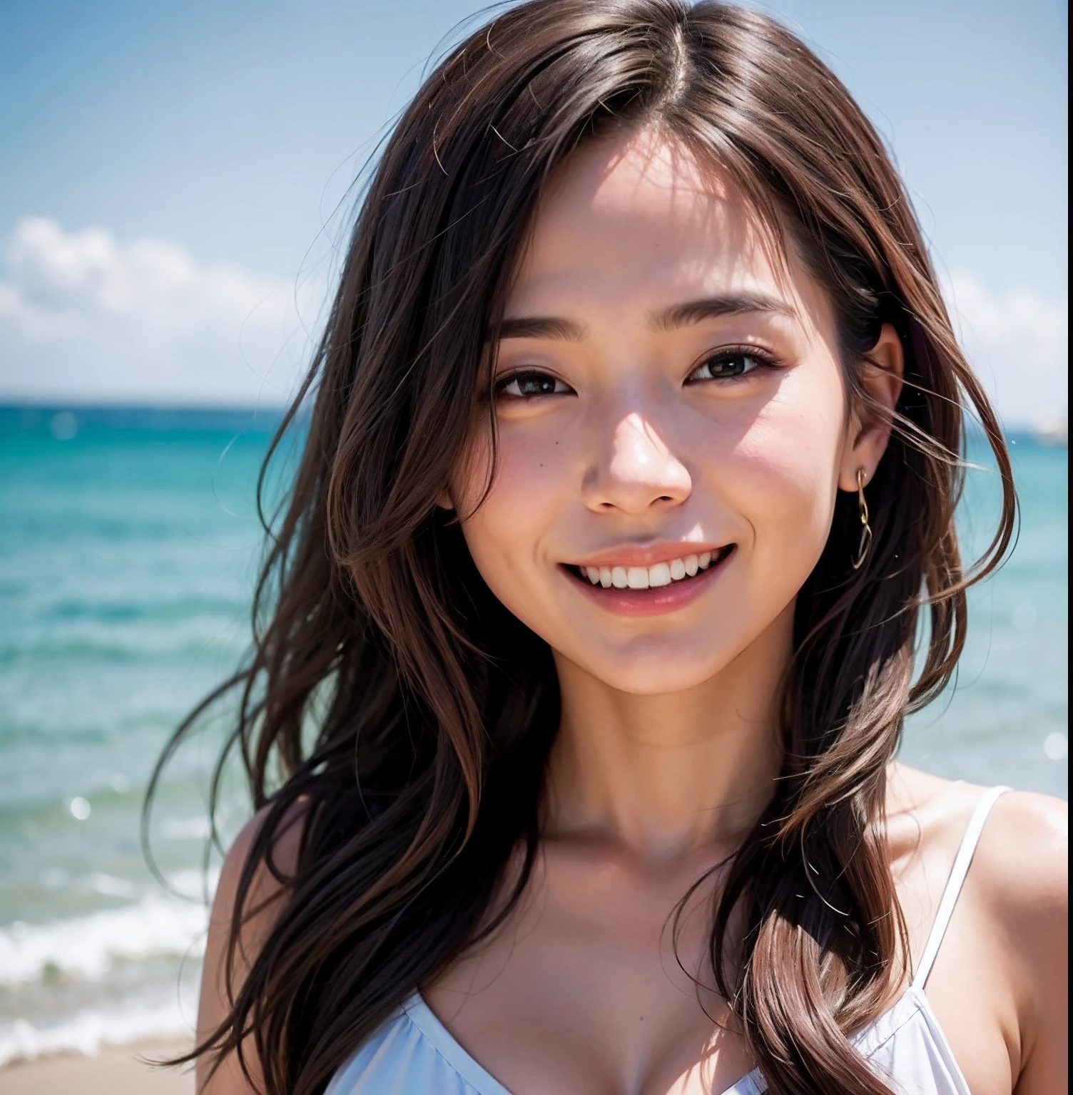 high resolution, long hair, fair skin, beach, see through, smiling