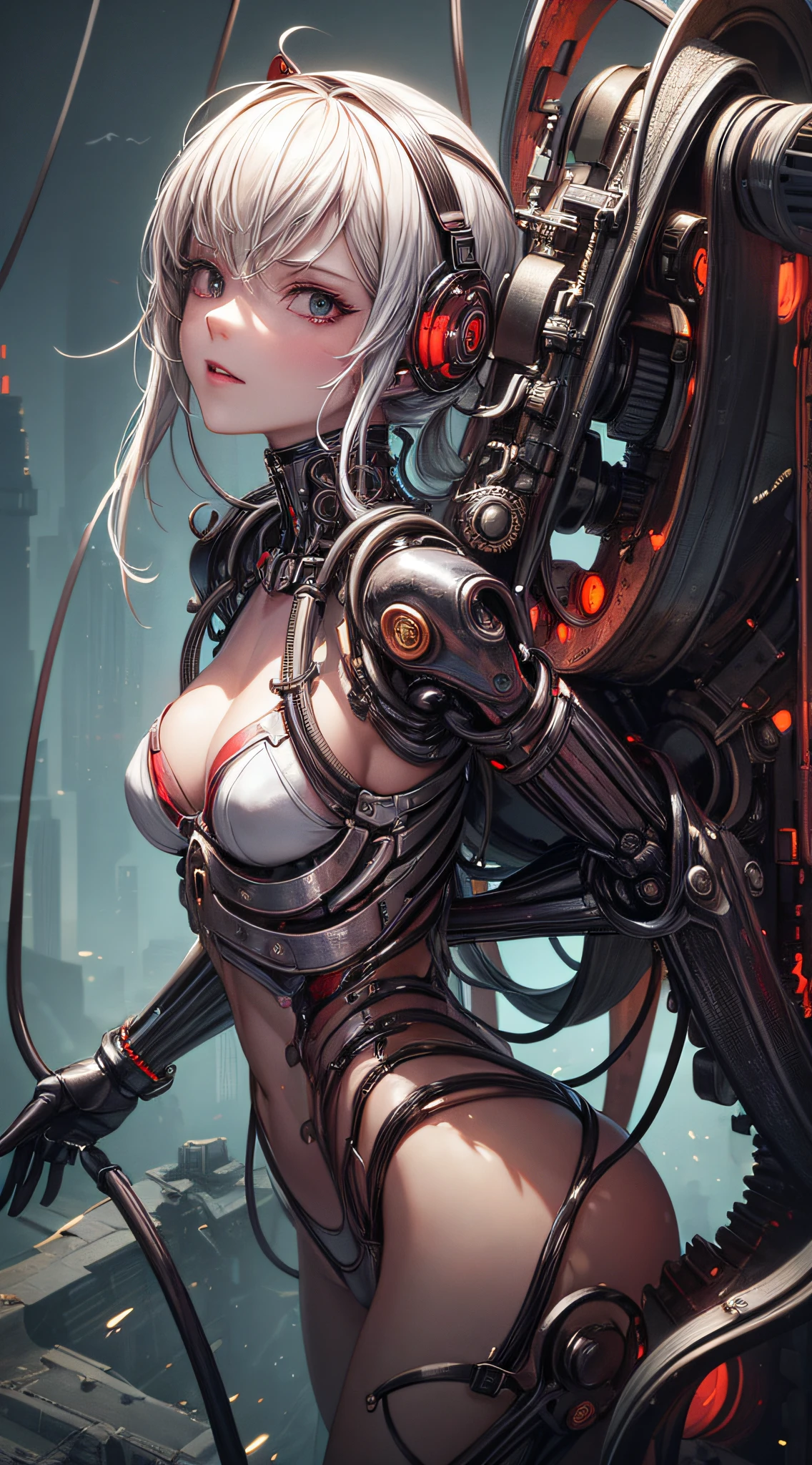 (((Masterpiece))), ((Best Quality)), (Super Detail), (CG Illustration), (Very Evil and Beautiful)), Cinematic Light, ((1 Mechanical Girl)), Single, (Mechanical Art: 1.4), ((Mechanical limb)), (Blood vessel attached to a tube), ((Mechanical spine attached to the back)), ((Mechanical cervical vertebrae attached to the neck), (Back to the viewer)), expressionless, ( Wires and cables attached to the head and body: 1.5), Science Fiction, Apocalypse, Ruins, (Lower Body Integrated with Mechanical Devices), (Blood: 1.5), Cruelty, Absurdity, Eroticism, Fusion with Machines, Doomsday Time, Super Future, Inorganic, Laboratory, Restraint, (Beautiful Indulgence: 1.2), (1 Girl: 1.3), Body Wrapped Around Mechanical Tentacles