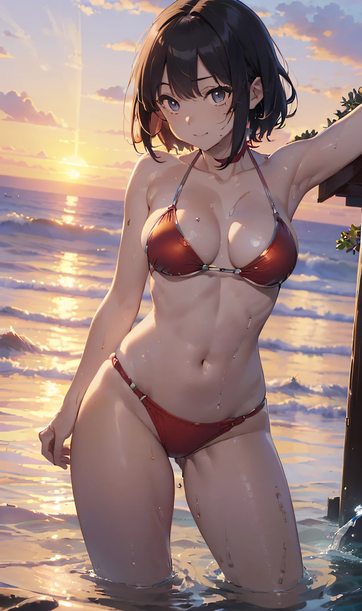 (Master masterpiece、The ultra -The high-definition、extremely fine and beautiful、Ultra-high power of 8 kilometers:2)、(Girl getting wet:1.4)、(looking at another:2)、(Clarity Metallic Deep Red Bikini:2)、(Transparent skin:1.6)、(short tail hair:1.8)、(Beautiful eyes:1.8)、、(Nominal body type)、(Glamorous:1.4)、(musculature:1.4)、(Thin thighs:1.6）、(Thin leg:1.6)、(A smile)、perfectly proportions，Correct anatomy、Good anatomy、(Sunset:1.6)、(Dynamic Angle:1.6)、(sexypose:1.8)、（early evening:1.4）、(Evening sea:1.6)