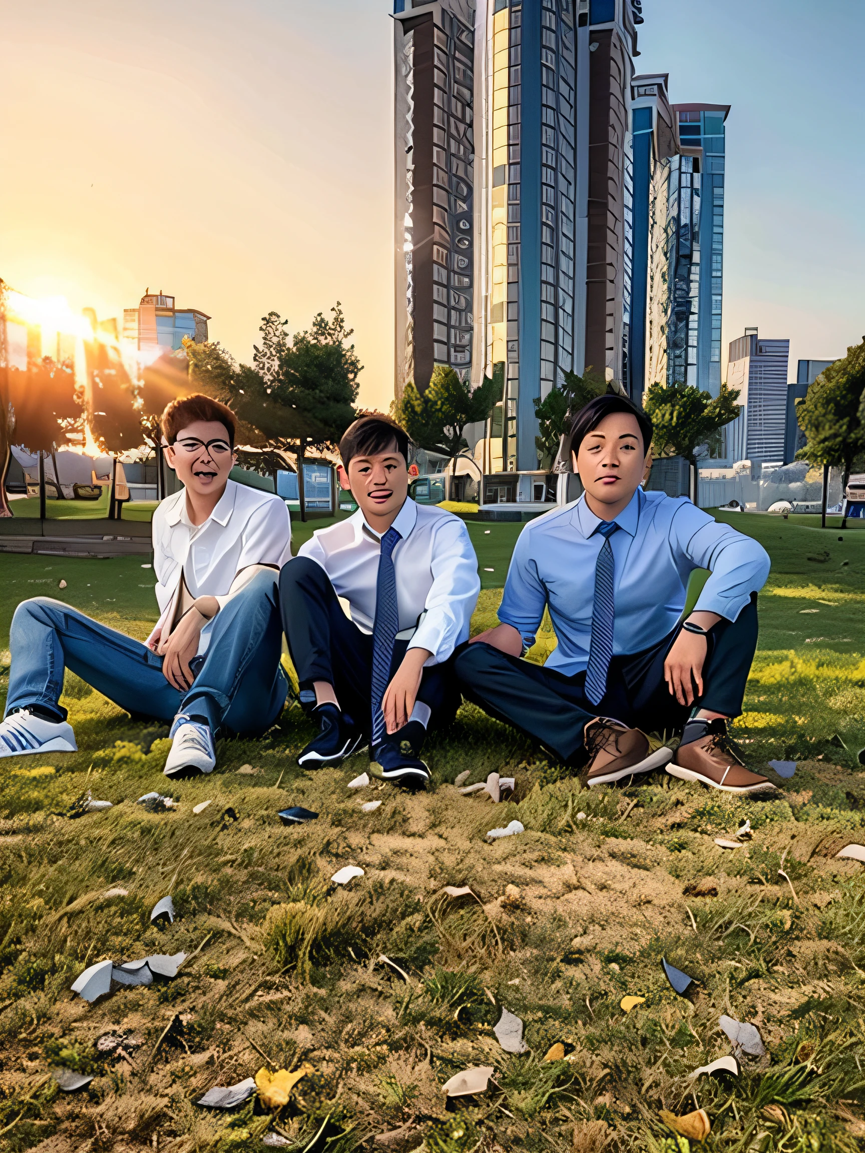Three men sitting on the grass in front of the city skyline, park in background, from china, personal profile picture, with a park in the background, Student, sat on the ground, smooth in _ Background with, photograph taken in 2 0 2 0, High school, with a park in the back ground, In Park, zeng fanzh, xintong chen