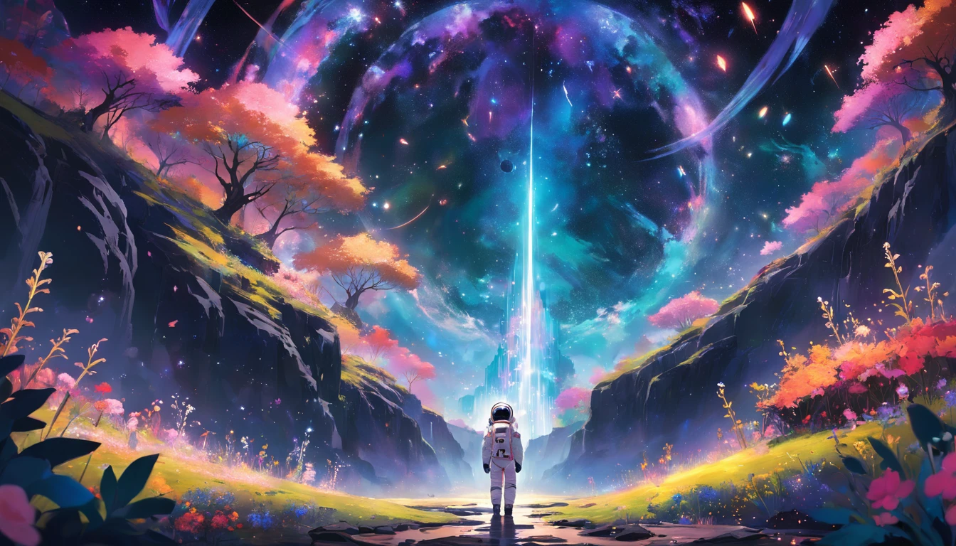 Astronauts stand on an otherworldly planet,Surrounded by a kaleidoscope of bright flowers and enchanting forests. The starry sky overhead is illuminated by strange and colorful lights, creating an ethereal atmosphere