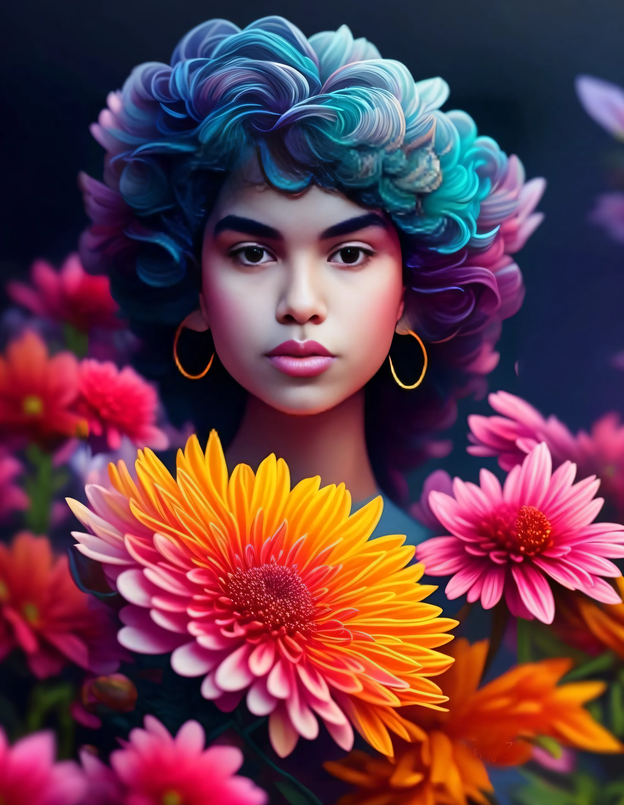 um close up de uma mulher com cabelos coloridos e flores, cores fortes e vibrantes, foto colorida, Arte bonita UHD 4K, mulher nas flores, color photograph portrait 4k, cores vibrantes, com cores lindas, pintura digital colorida, menina com um rosto de flor, pintura digital vibrante, lindas cores vibrantes, bela arte digital, ricas cores vibrantes, cores vibrantes e ricas