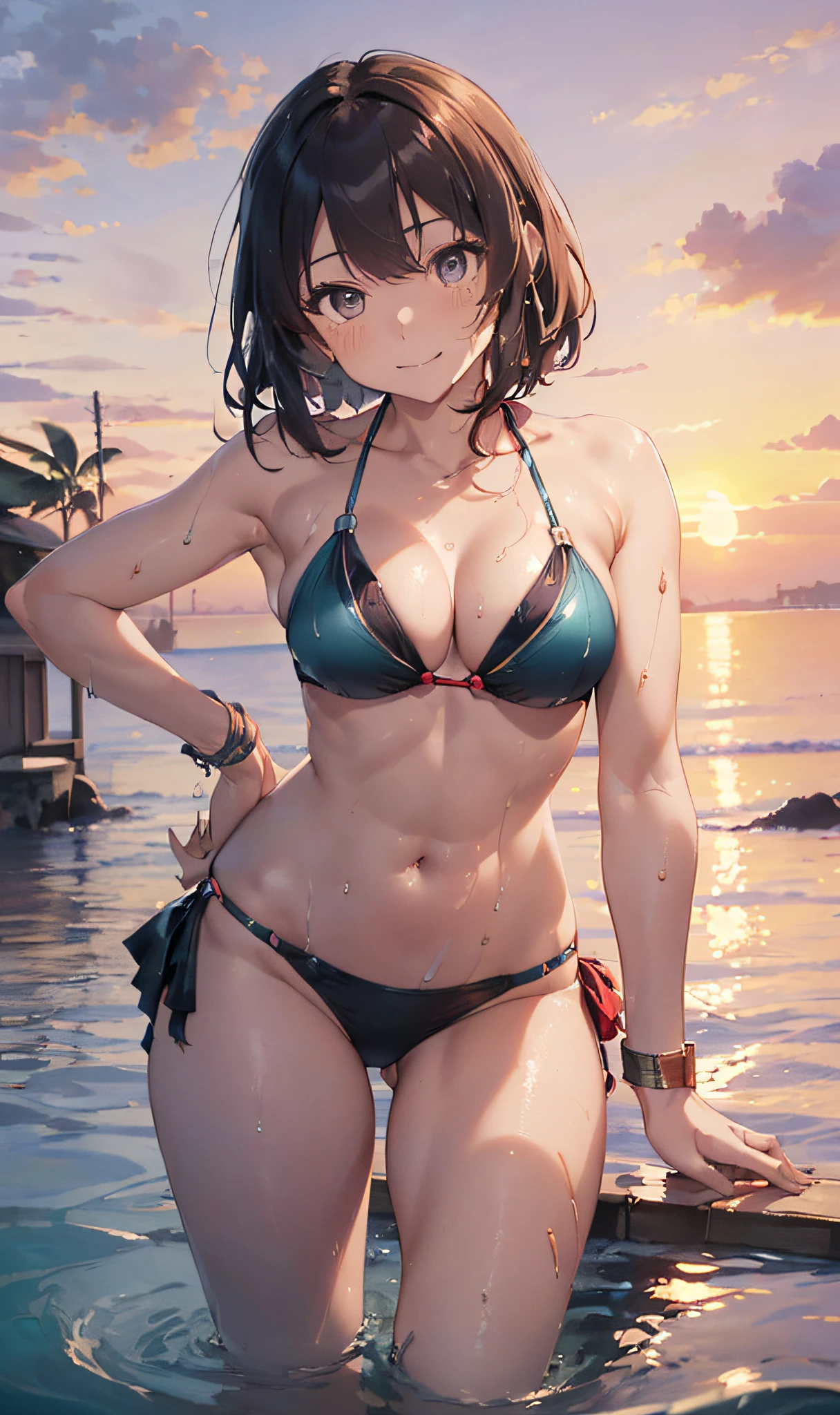 (Master masterpiece、The ultra -The high-definition、extremely fine and beautiful、Ultra-high power of 8 kilometers:2)、(Girl getting wet:1.4)、(looking at another:2)、(Clarity Metallic Deep Red Bikini:2)、(Transparent skin:1.6)、(short tail hair:1.8)、(Beautiful eyes:1.8)、、(Nominal body type)、(Glamorous:1.4)、(musculature:1.4)、(Thin thighs:1.6）、(Thin leg:1.6)、(A smile)、perfectly proportions，Correct anatomy、Good anatomy、(Sunset:1.6)、(Dynamic Angle:1.6)、(sexypose:1.8)、（early evening:1.4）、(Evening sea:1.6)