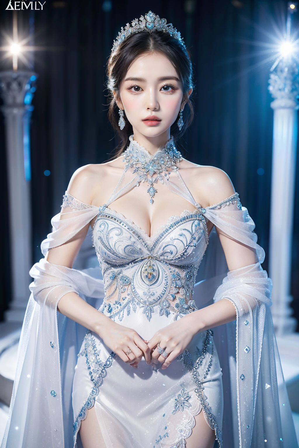 (8k，Very detailed face 1.5，Very detailed clothing details 1.9，intricately details，动态照明，poster for，Photography-grade art)
The goddess elegantly dresses in a grand and cumbersome dress，It makes her figure stand out。The dress is dominated by soft white silk，As pure and white as ice and snow，The skirt is long to the ground，A blend of intricate and delicate patterns and delicate embroidery，It seems to be a carefully painted landscape painting。
(The dress clings to the petite figure of the goddess，The high neck design highlights her nobility。The top part is decorated with jewelry and brilliant crystal ornaments，Each piece of jewelry is carefully set in a meticulous embroidery pattern。From the high neck to the waist，Rows of diamonds surround her body，Shimmering with a charming light。The skirt is fluffy and layered，Composed of countless layers of lace and fine pleats，Exudes a light scent。Each layer of lace is woven with meticulous craftsmanship，The fine patterns and edges of the lace are full of intricate details。The hem is also embellished with ice-blue crystals，It was like a flower of ice and snow swaying gently as she walked。)
Soft hair drapes over your shoulders，Embellished with pearl hair accessories，Elegant and charming。Her makeup is delicate and delicate，No trace。The soft foundation makes her skin fair and delicate，A touch of pink lipstick adorns her lips，It adds a touch of delicateness。Her eyes outline the perfect eye shape with fine eyeliner，The eyeshadow has a gradient of light blue and silvery-white，It was as clear and bright as ice crystals。
Feet on sequined heels，Walk gracefully and calmly on ice。Every step exudes confidence and charm，Her posture is as noble and elegant as that of the Ice Queen。The entire styling details show the elegance and magnificence of the goddess，It's captivating。