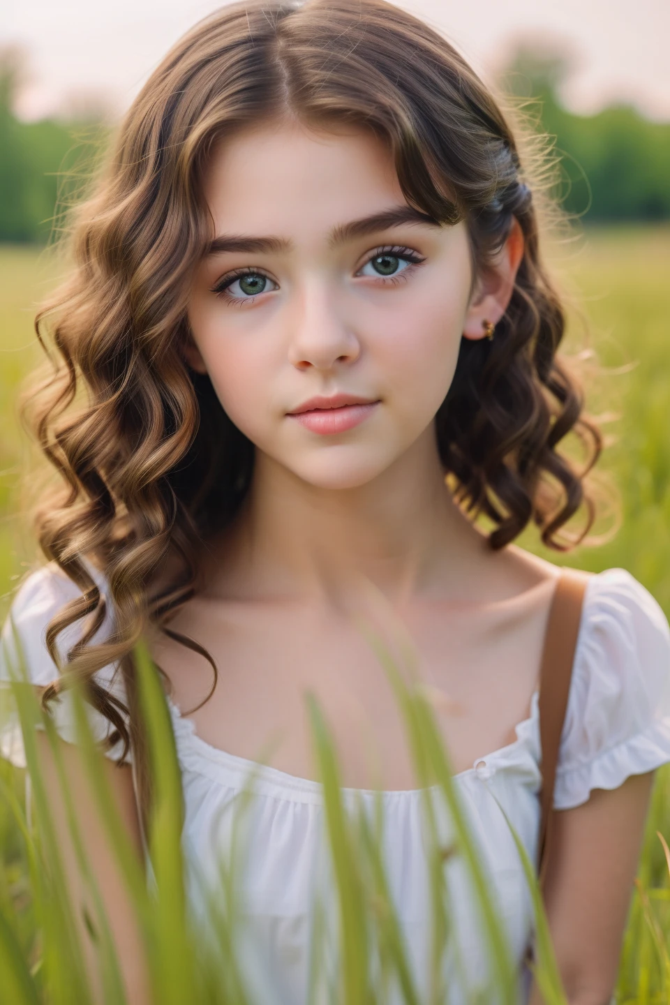 a close up of a young girl with a white dress in a field, gorgeous young model, beautiful young girl, soft portrait shot 8 k, cute young girl, young and cute girl, high quality portrait, beautiful girl model, beautiful young face, medium portrait soft light, young girl, young cute face, a beautiful young woman, beautiful portrait image, beautiful model girl