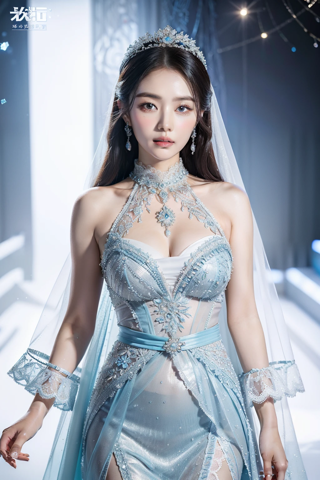 (8k,Very detailed face 1.5,Very detailed clothing details 1.9,intricately details,动态照明,poster for,Photography-grade art)
The goddess elegantly dresses in a grand and cumbersome dress,It makes her figure stand out。The dress is dominated by soft white silk,As pure and white as ice and snow,The skirt is long to the ground,A blend of intricate and delicate patterns and delicate embroidery,It seems to be a carefully painted landscape painting。
(The dress clings to the petite figure of the goddess,The high neck design highlights her nobility。The top part is decorated with jewelry and brilliant crystal ornaments,Each piece of jewelry is carefully set in a meticulous embroidery pattern。From the high neck to the waist,Rows of diamonds surround her body,Shimmering with a charming light。The skirt is fluffy and layered,Composed of countless layers of lace and fine pleats,Exudes a light scent。Each layer of lace is woven with meticulous craftsmanship,The fine patterns and edges of the lace are full of intricate details。The hem is also embellished with ice-blue crystals,It was like a flower of ice and snow swaying gently as she walked。)
Soft hair drapes over your shoulders,Embellished with pearl hair accessories,Elegant and charming。Her makeup is delicate and delicate,No trace。The soft foundation makes her skin fair and delicate,A touch of pink lipstick adorns her lips,It adds a touch of delicateness。Her eyes outline the perfect eye shape with fine eyeliner,The eyeshadow has a gradient of light blue and silvery-white,It was as clear and bright as ice crystals。
Feet on sequined heels,Walk gracefully and calmly on ice。Every step exudes confidence and charm,Her posture is as noble and elegant as that of the Ice Queen。The entire styling details show the elegance and magnificence of the goddess,It's captivating。