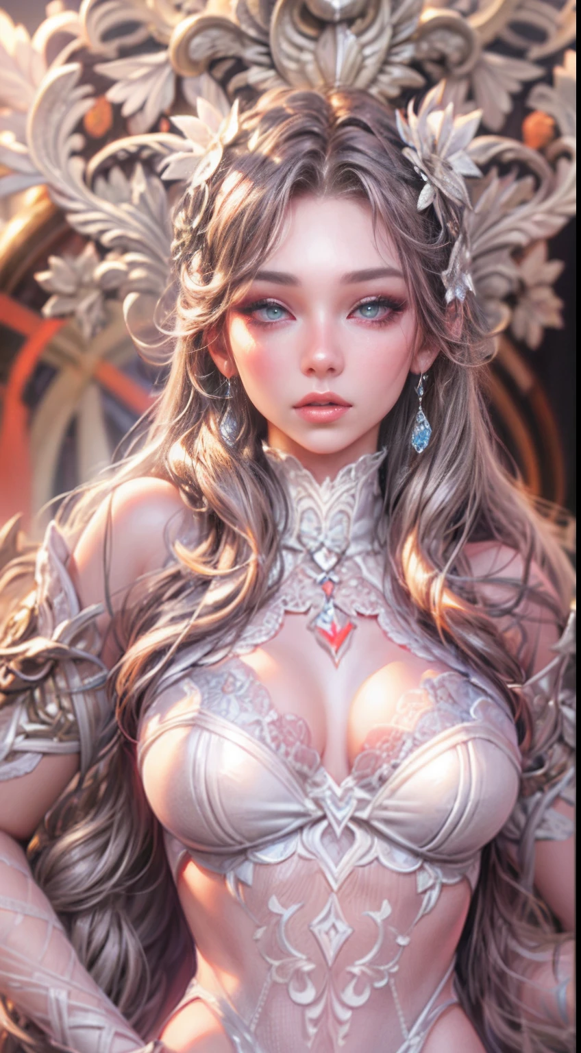 "Female with intricate lace attire, captivating eyes, voluminous hair, luscious lips, well-defined curves, slender waist, rendered in 3D with photorealistic details, enhanced lighting, vibrant and lifelike."