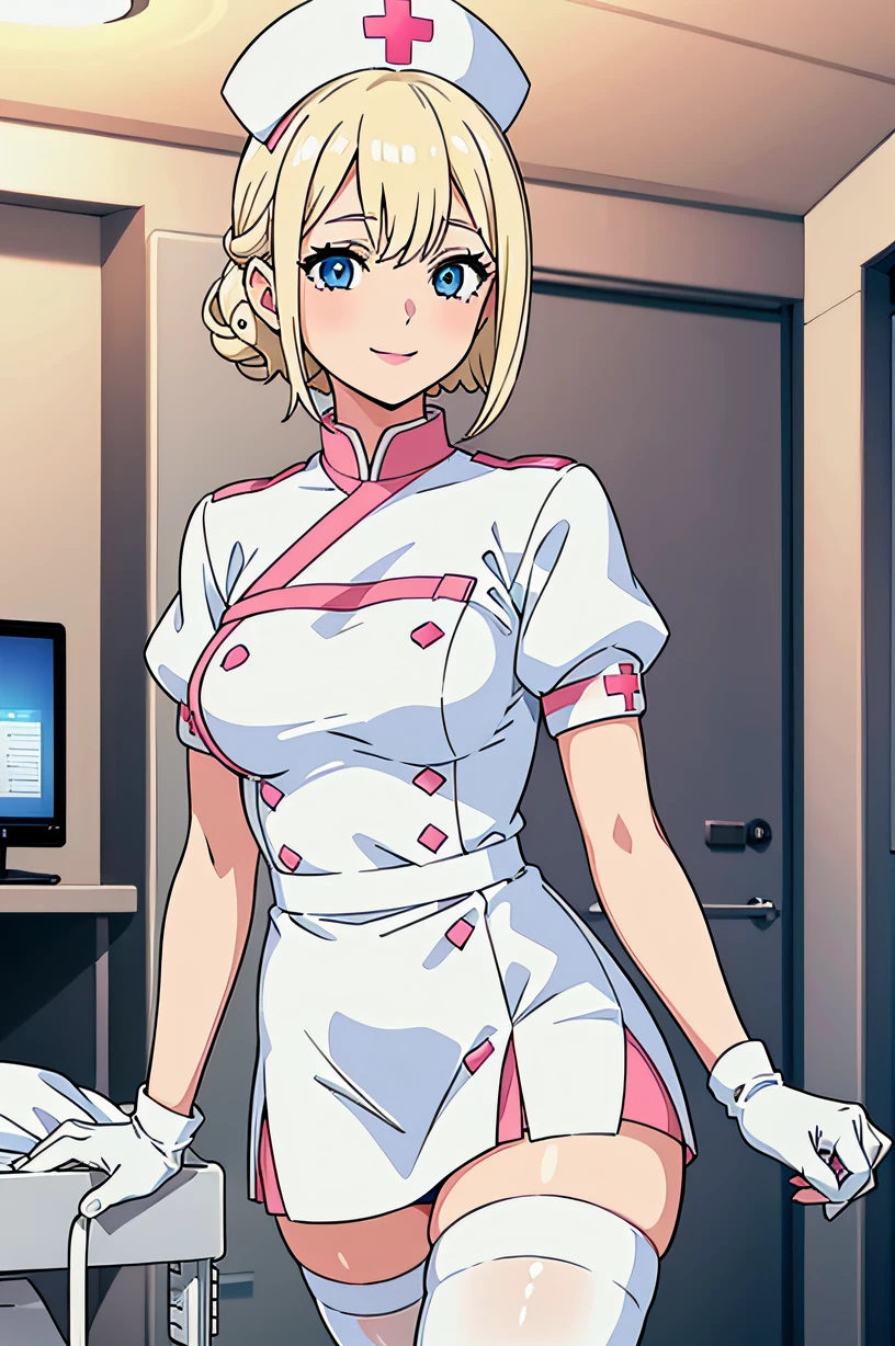 1girl in, Nurse, Nurse Cap, Whiteware, ((White legwear, zettai ryouiki)), White Gloves, Blonde hair, Blue eyes, pink lipsticks, Smile, Standing, ((Hospital room)), sharp outline, Short sleeves, Best Quality, masutepiece