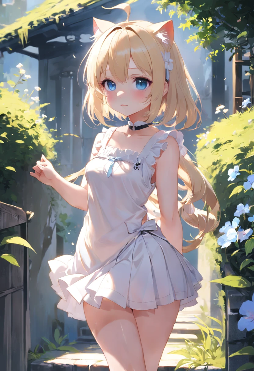 Cat-eared girl in white dress standing in garden, BREAK,a blond,blue eyes,(((Sleeveless))),Pull up your skirt to show your panties,loli in dress, small curvy loli, artwork in the style of guweiz, guweiz on pixiv artstation, guweiz on artstation pixiv, guweiz, small loli girl, soft anime illustration, Anime visuals of cute girls, Detailed Digital Anime Art