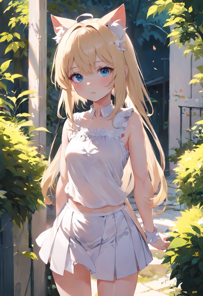 Cat-eared girl in white dress standing in garden, BREAK，a blond，blue eyes，(((Sleeveless)))，Pull up your skirt to show your panties，loli in dress, small curvy loli, artwork in the style of guweiz, guweiz on pixiv artstation, guweiz on artstation pixiv, guweiz, small li girl, soft anime illustration, Anime visuals of cute girls, Detailed Digital Anime Art