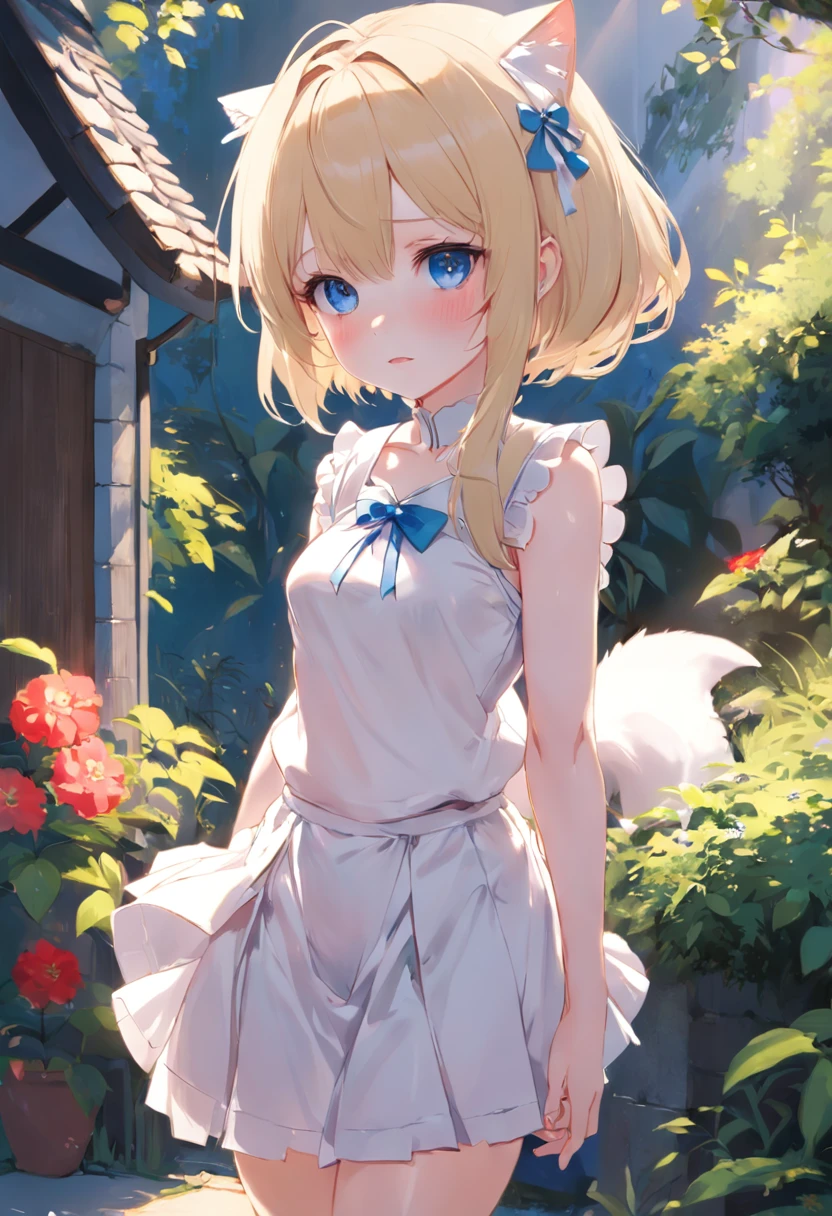 Cat-eared girl in white dress standing in garden, BREAK,a blond,blue eyes,(((Sleeveless))),Pull up your skirt to show your panties,loli in dress, small curvy loli, artwork in the style of guweiz, guweiz on pixiv artstation, guweiz on artstation pixiv, guweiz, small loli girl, soft anime illustration, Anime visuals of cute girls, Detailed Digital Anime Art