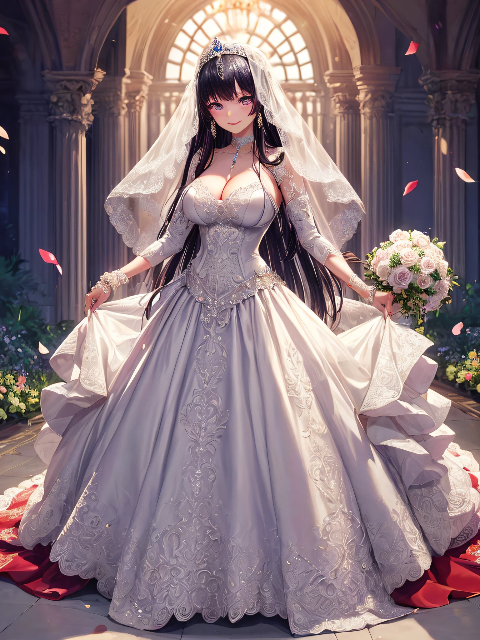 (masterpiece, best quality:1.2),1girl, (solo), cute, kawaii,digital art,((1 princess wearing beautiful embroidery and jeweled gorgeous princess ballgown wedding dress with voluminous full length hoop skirt)),crinoline,((gorgeous embroidery and beautiful lace)),(very gigantic boobs,cleavage,skindentation),((shiny hair,Bangs between eyes,voluminous straight hair,extremely Long straight Hair)),finely detailed face and eyes,Purple eyes,smile,extremely gorgeousfull jeweled tiara,(bling-bling gorgeous gemstone jewelry),long wedding veil,((standing in beautiful garden)),flowers,flower petals flowing,((beautiful embroidery and jeweled gorgeous princess ballgown wedding dress with voluminous full length hoop skirt))